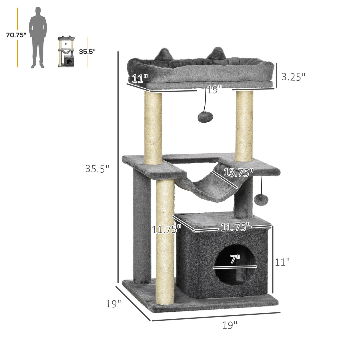 35.5" Multi-Level Cat Tree Tower with Condo & Hammock - Grey-Cats-DECOROLALA