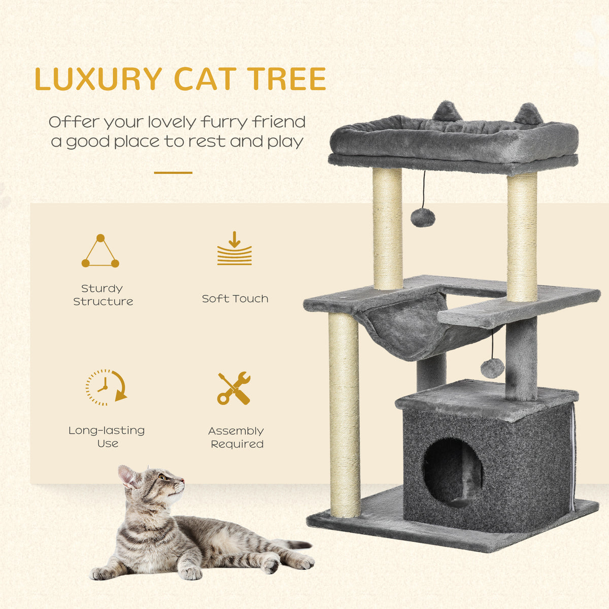35.5" Multi-Level Cat Tree Tower with Condo & Hammock - Grey-Cats-DECOROLALA