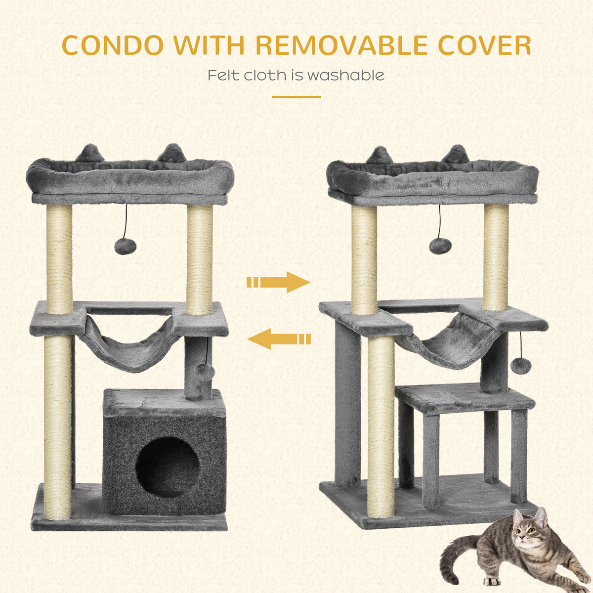 35.5" Multi-Level Cat Tree Tower with Condo & Hammock - Grey-Cats-DECOROLALA