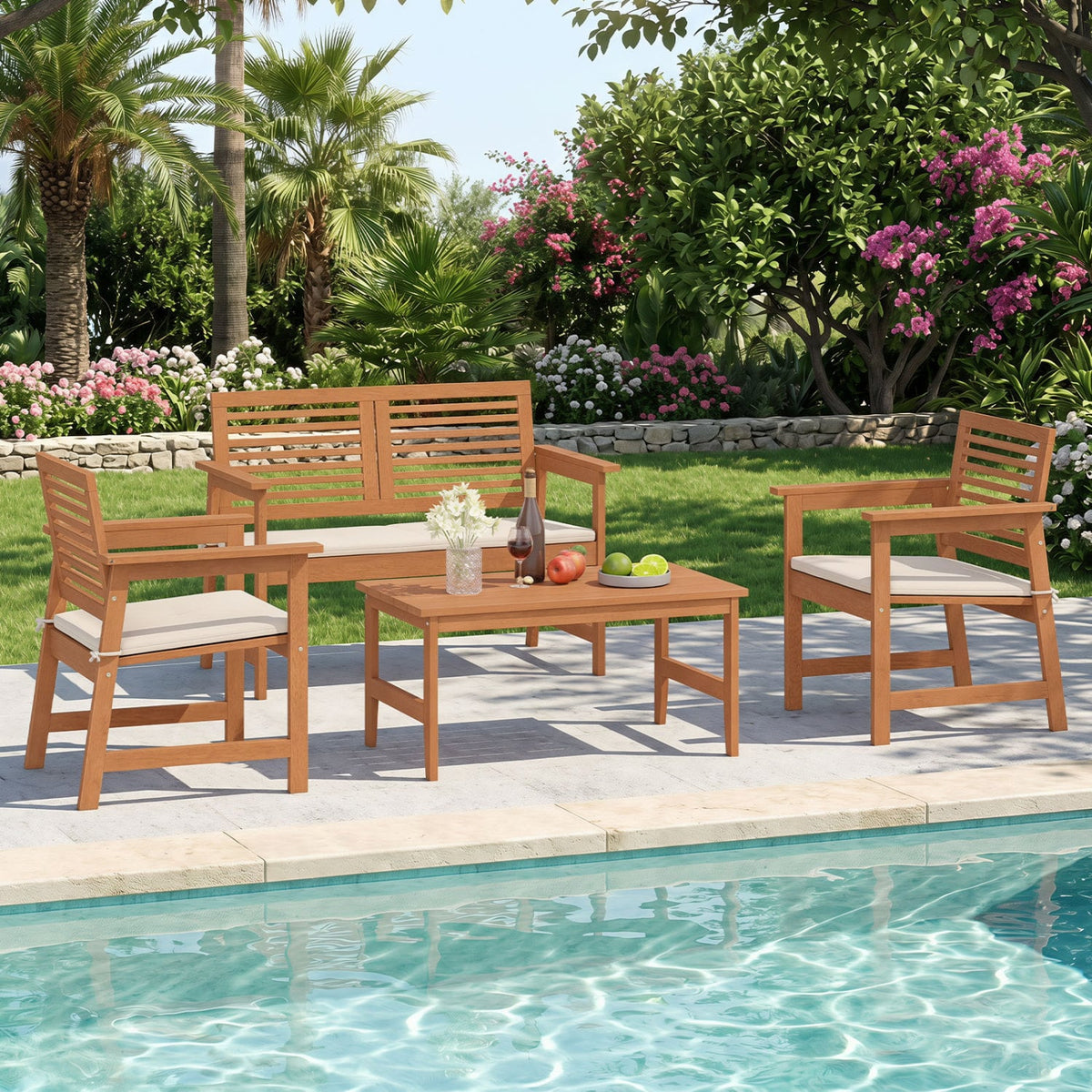 35.5" Solid Wood Outdoor Coffee Table with Rectangular Slatted Top and Teak Finish-Patio Coffee Tables-DECOROLALA