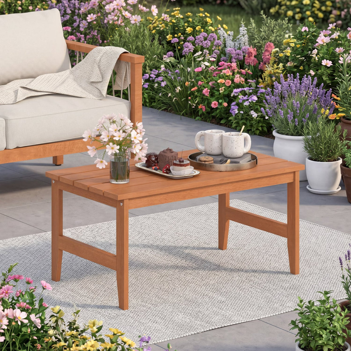 35.5" Solid Wood Outdoor Coffee Table with Rectangular Slatted Top and Teak Finish-Patio Coffee Tables-DECOROLALA