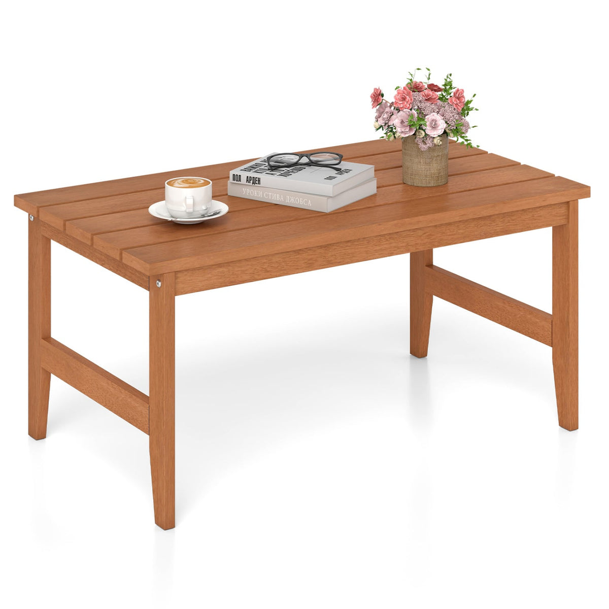 35.5" Solid Wood Outdoor Coffee Table with Rectangular Slatted Top and Teak Finish-Patio Coffee Tables-DECOROLALA