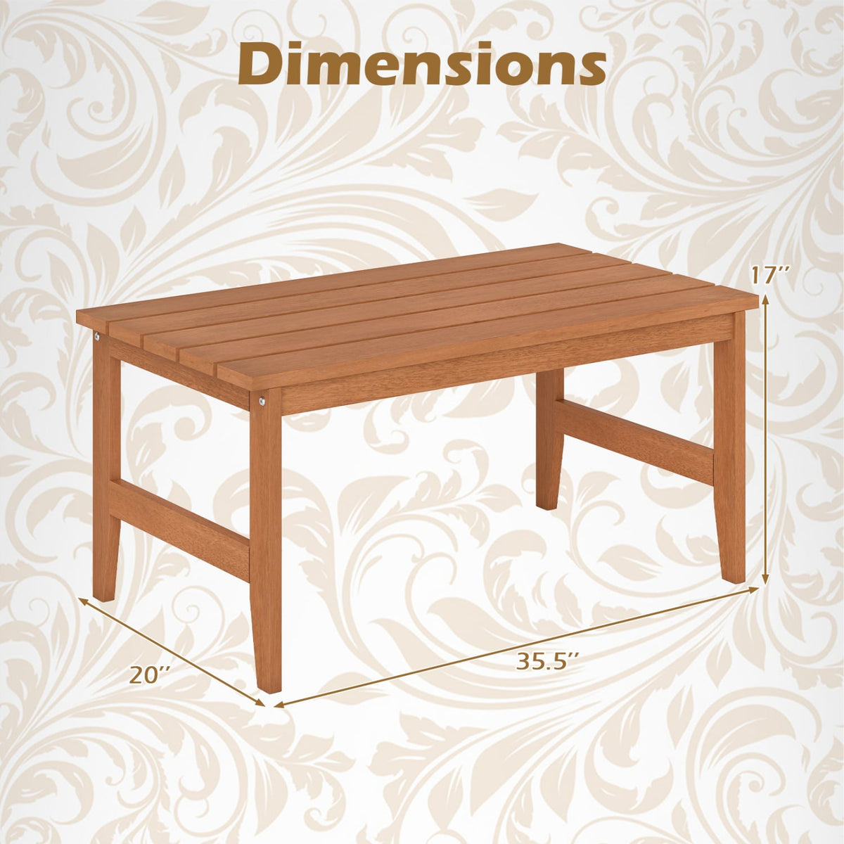 35.5" Solid Wood Outdoor Coffee Table with Rectangular Slatted Top and Teak Finish-Patio Coffee Tables-DECOROLALA