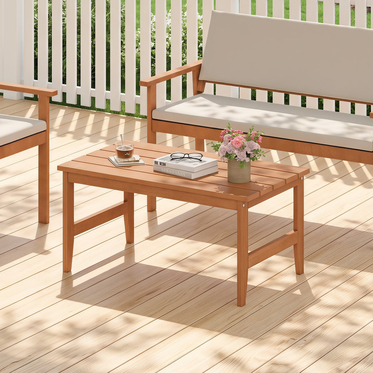 35.5" Solid Wood Outdoor Coffee Table with Rectangular Slatted Top and Teak Finish-Patio Coffee Tables-DECOROLALA