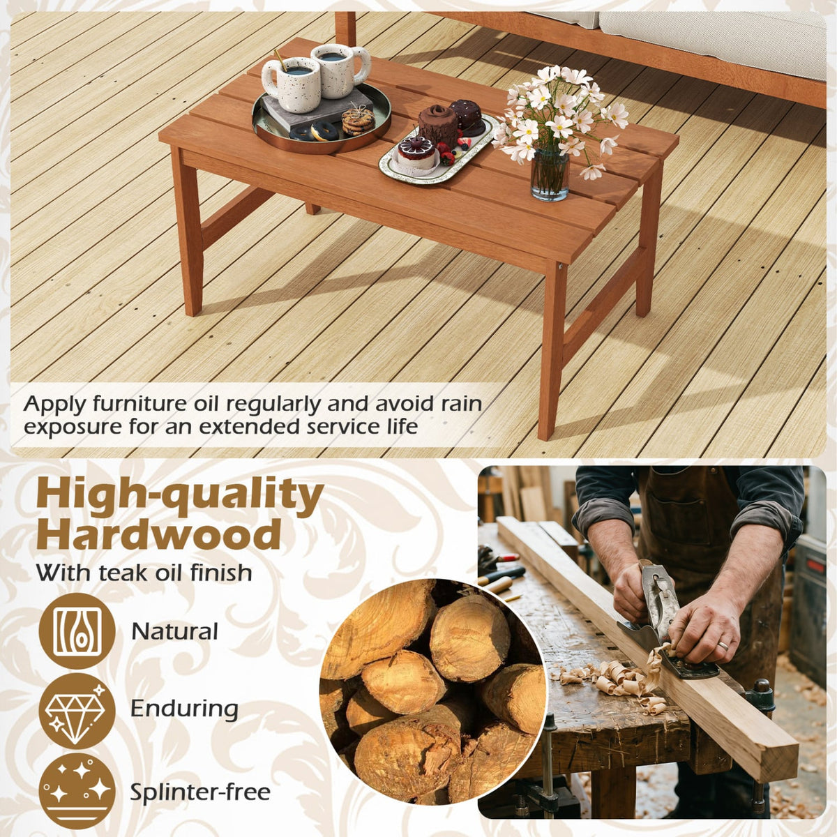 35.5" Solid Wood Outdoor Coffee Table with Rectangular Slatted Top and Teak Finish-Patio Coffee Tables-DECOROLALA
