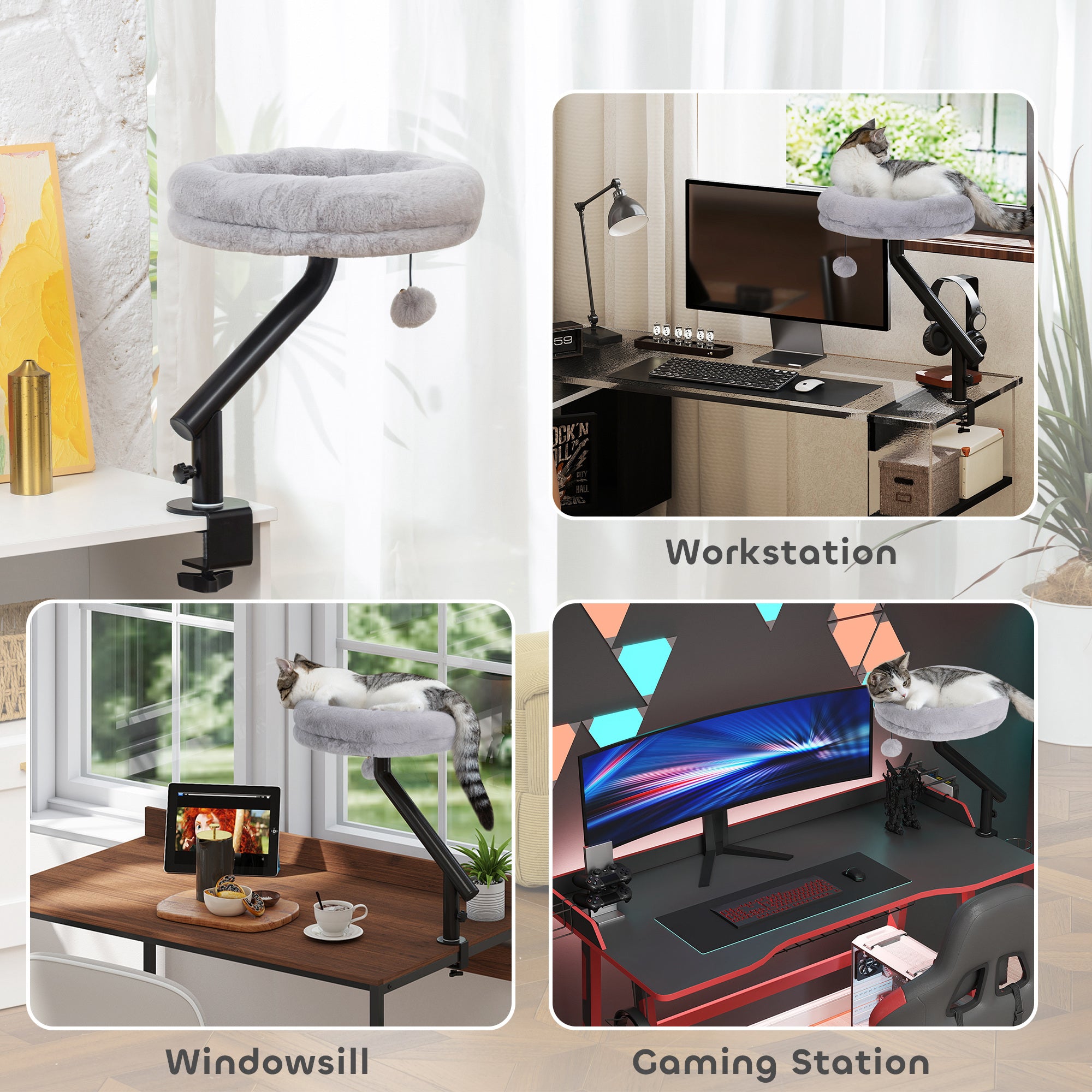 Cat Desk Bed 360° Rotatable Adjustable Height for Home Office Work Window