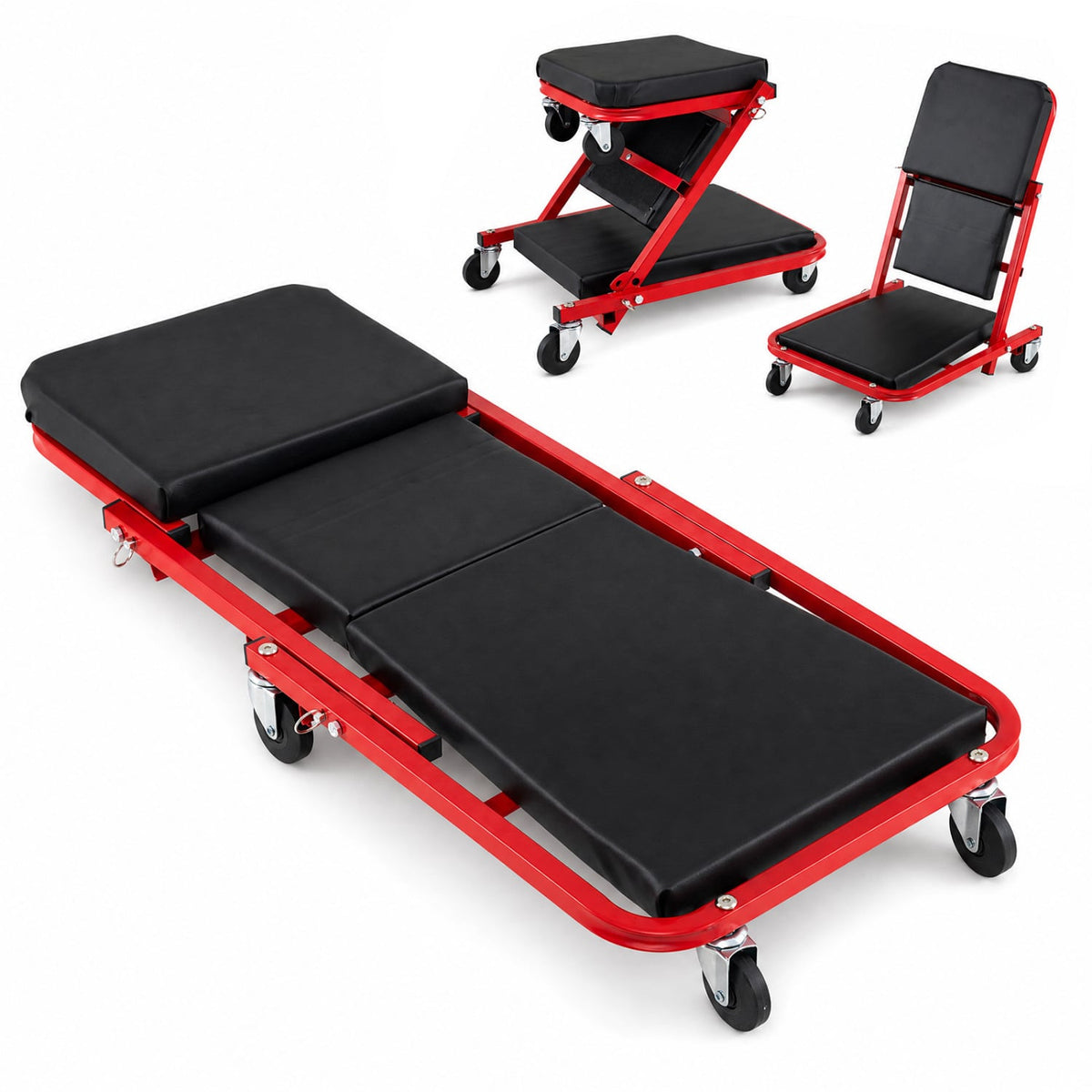 36" 3-in-1 Folding Mechanic Creeper Under Car Roller Creeper-Red-Garages-DECOROLALA