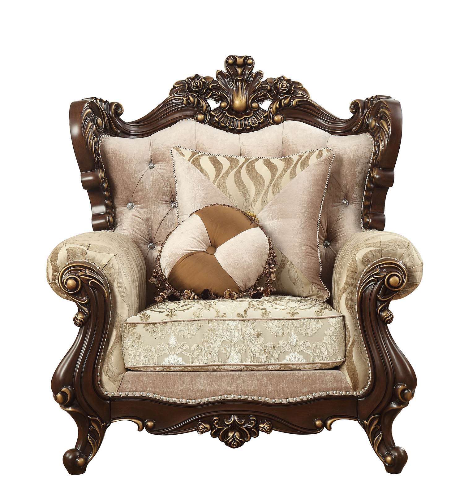 36" Beige and Brown Fabric Damask Tufted Arm Chair And Toss Pillows-Accent Chairs-DECOROLALA