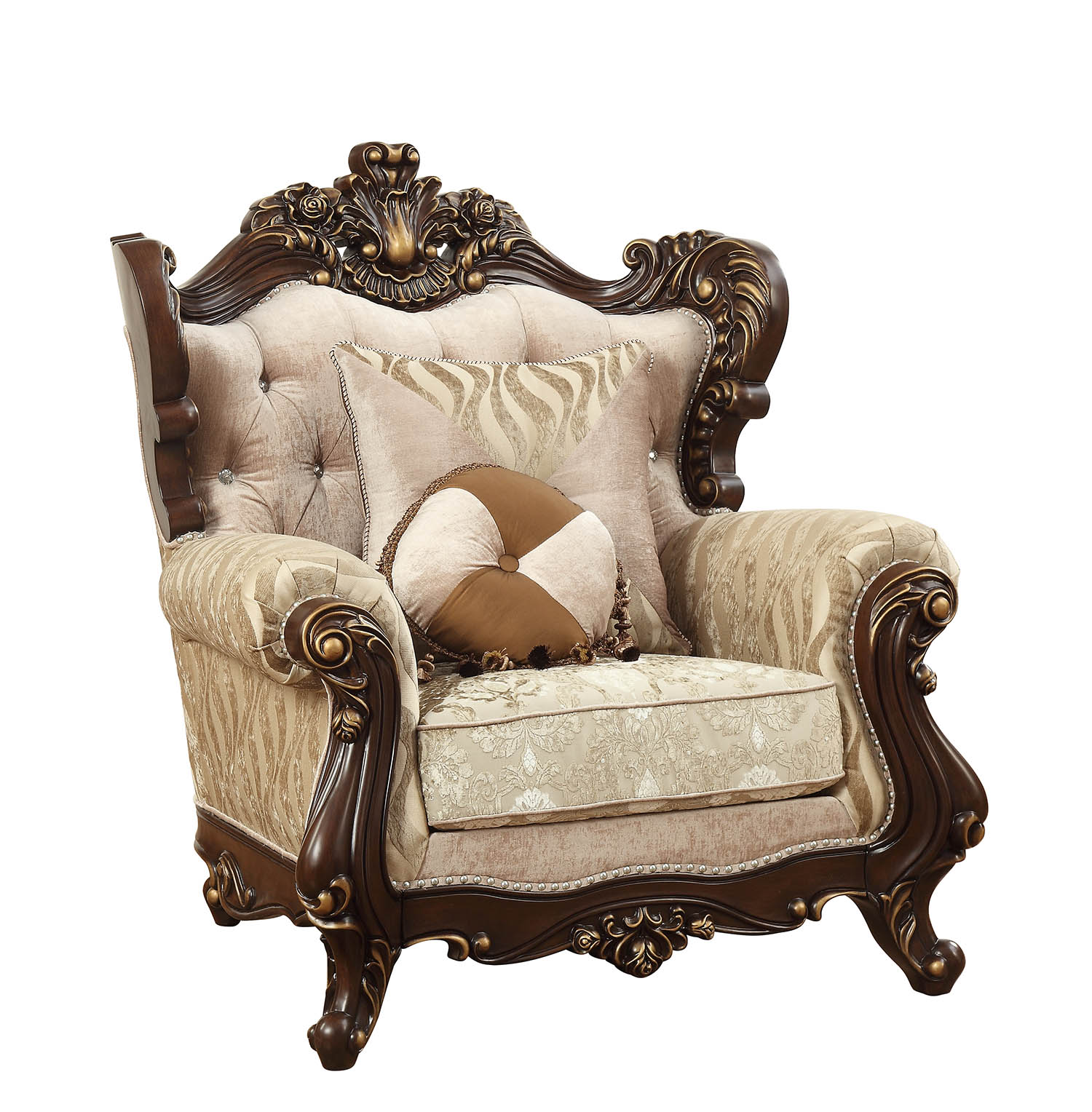 36" Beige and Brown Fabric Damask Tufted Arm Chair And Toss Pillows-Accent Chairs-DECOROLALA