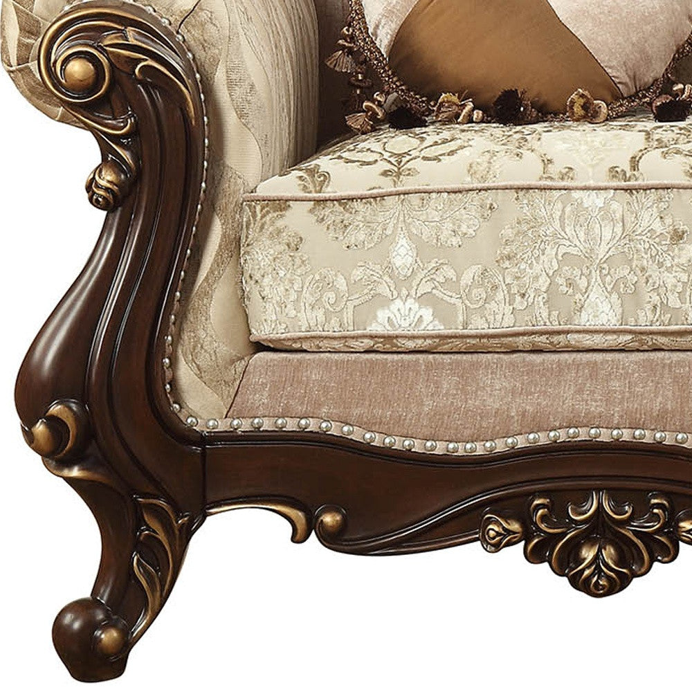 36" Beige and Brown Fabric Damask Tufted Arm Chair And Toss Pillows-Accent Chairs-DECOROLALA