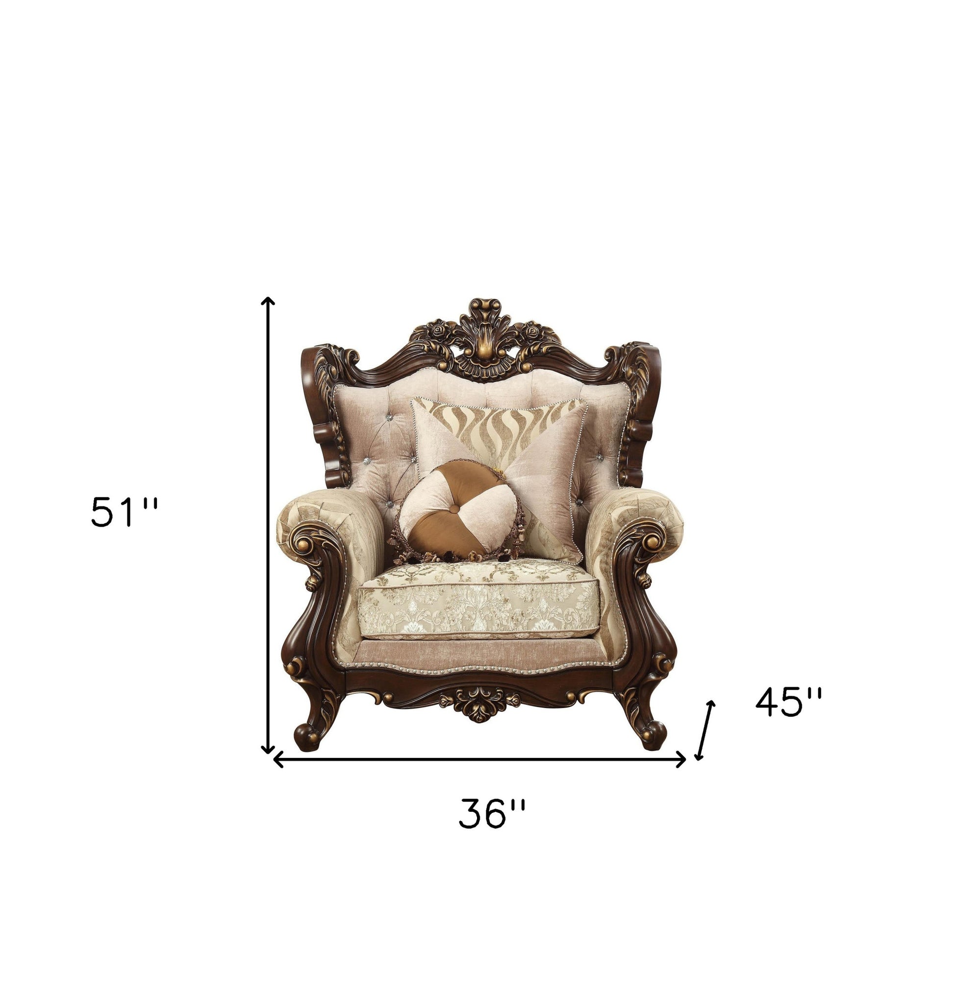 36" Beige and Brown Fabric Damask Tufted Arm Chair And Toss Pillows-Accent Chairs-DECOROLALA
