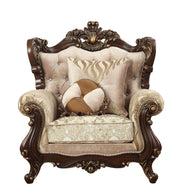 36" Beige and Brown Fabric Damask Tufted Arm Chair And Toss Pillows-Accent Chairs-DECOROLALA