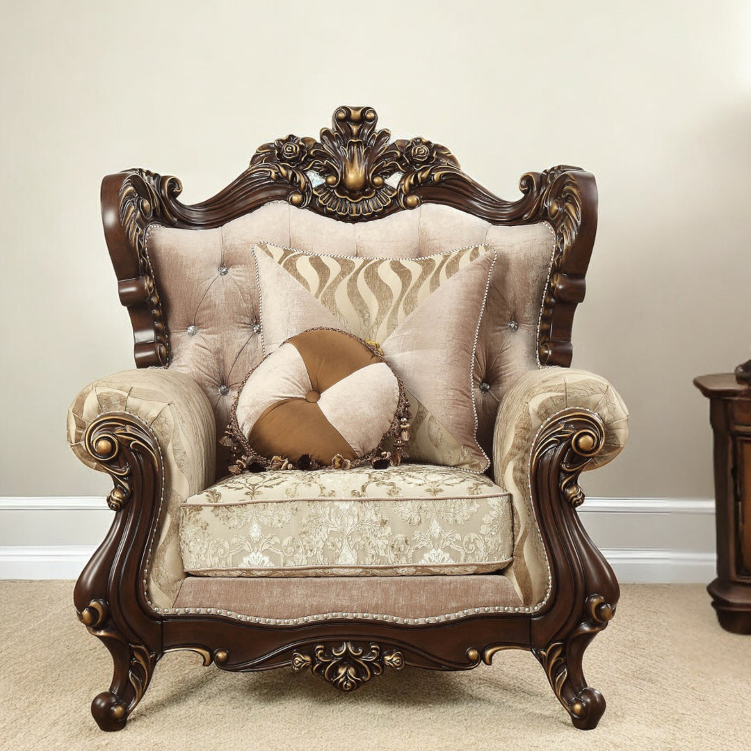 36" Beige and Brown Fabric Damask Tufted Arm Chair And Toss Pillows-Accent Chairs-DECOROLALA
