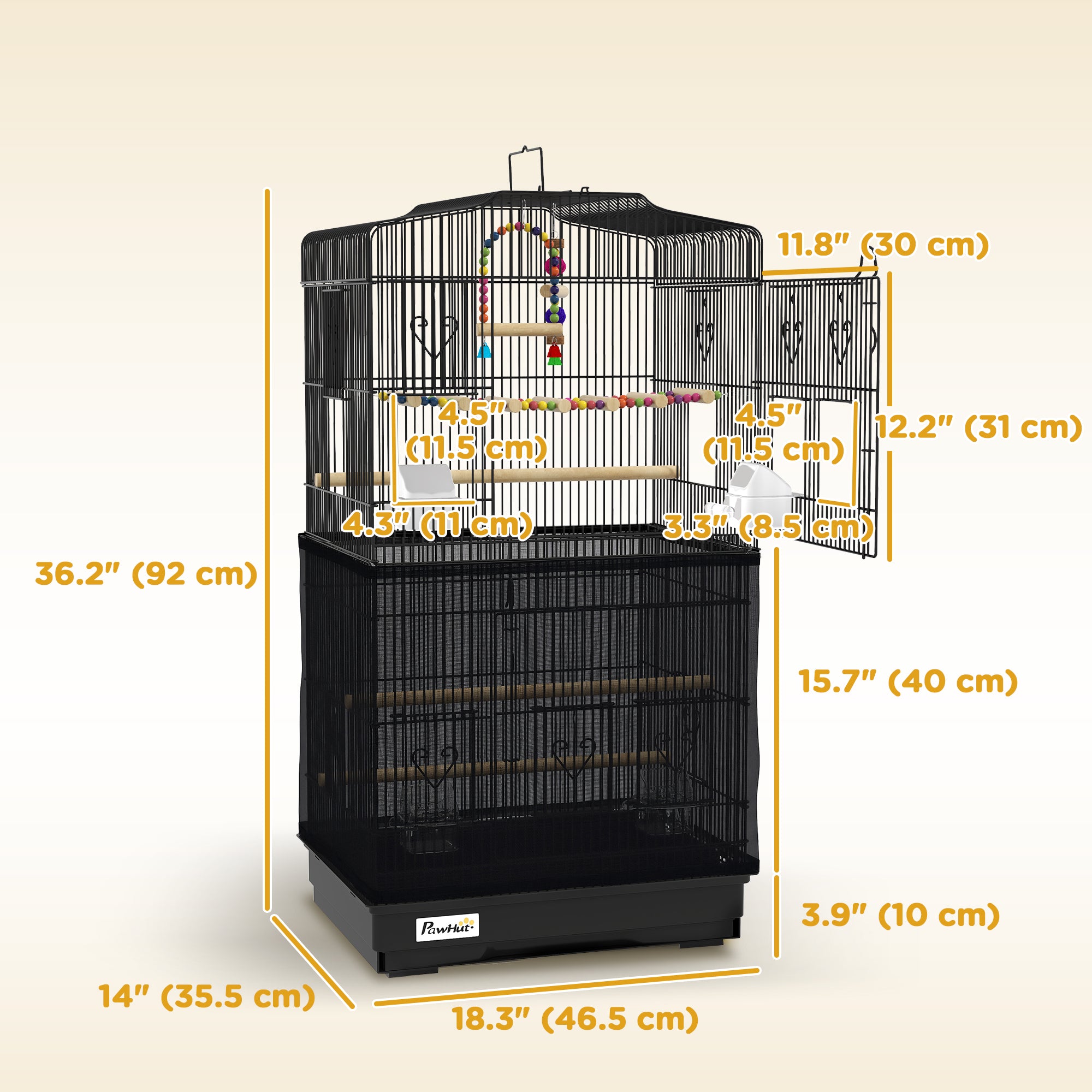 36" Bird Cage with Accessories, Handle, Mesh Cover, Tray, Black-Birds-DECOROLALA