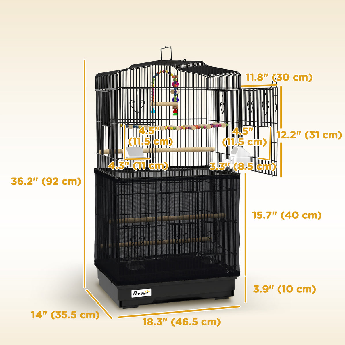 36" Bird Cage with Accessories, Mesh Cover and Tray - Black-Birds-DECOROLALA