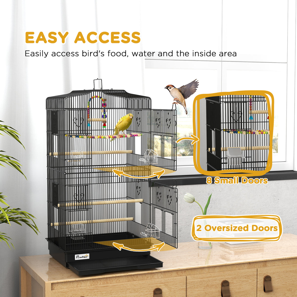 36" Bird Cage with Accessories, Mesh Cover and Tray - Black-Birds-DECOROLALA