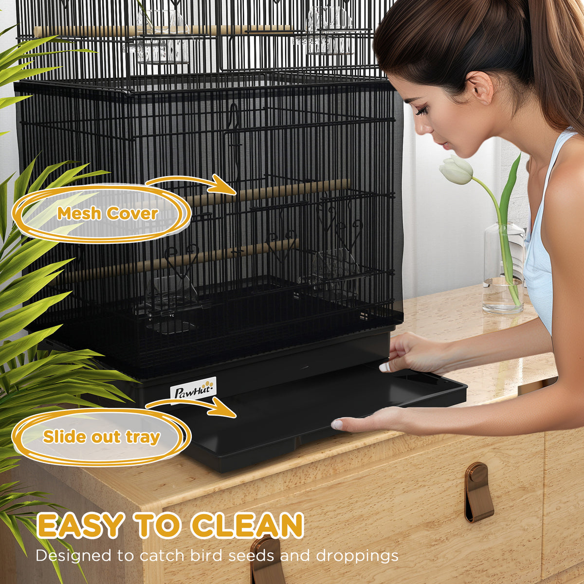 36" Bird Cage with Accessories, Mesh Cover and Tray - Black-Birds-DECOROLALA