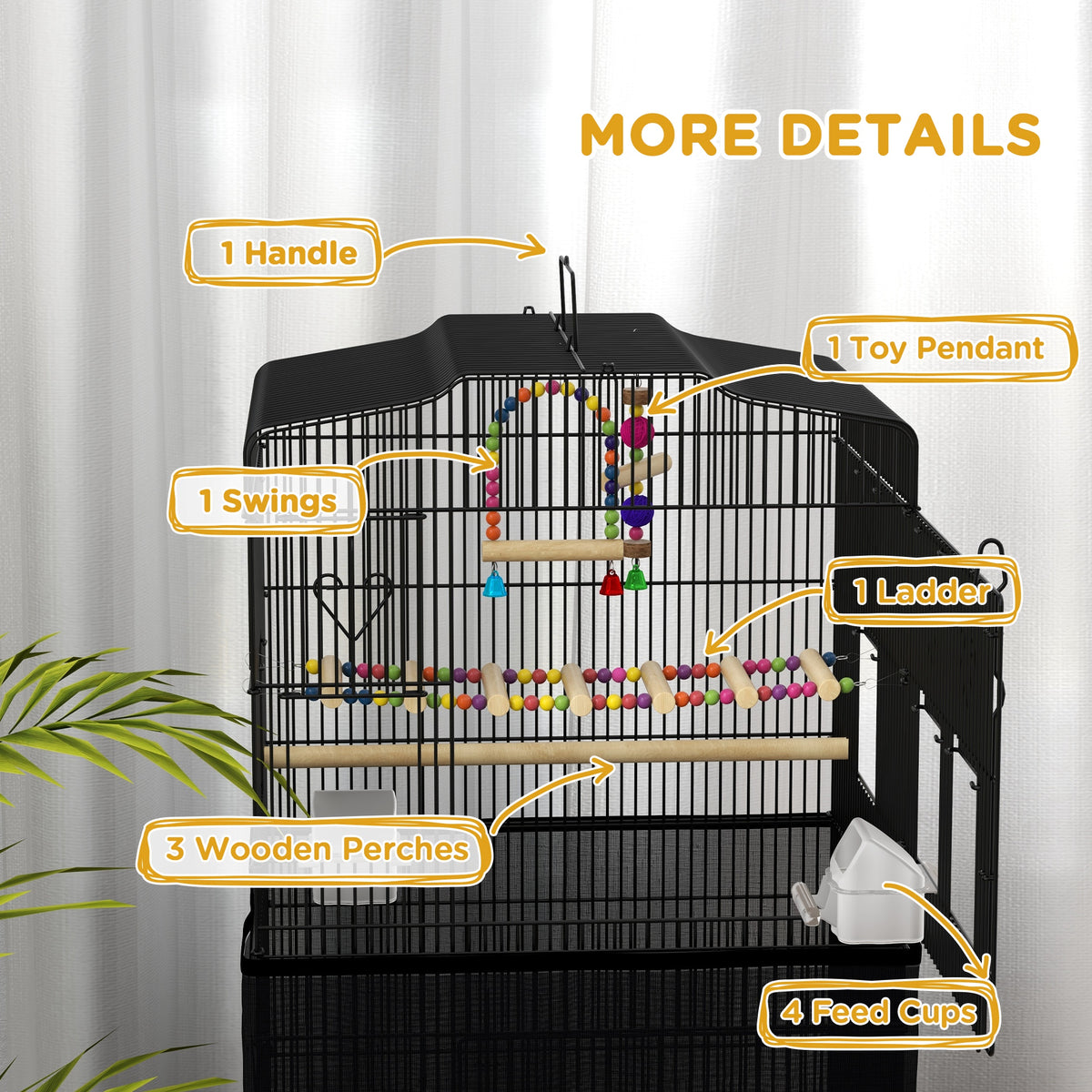 36" Bird Cage with Accessories, Mesh Cover and Tray - Black-Birds-DECOROLALA