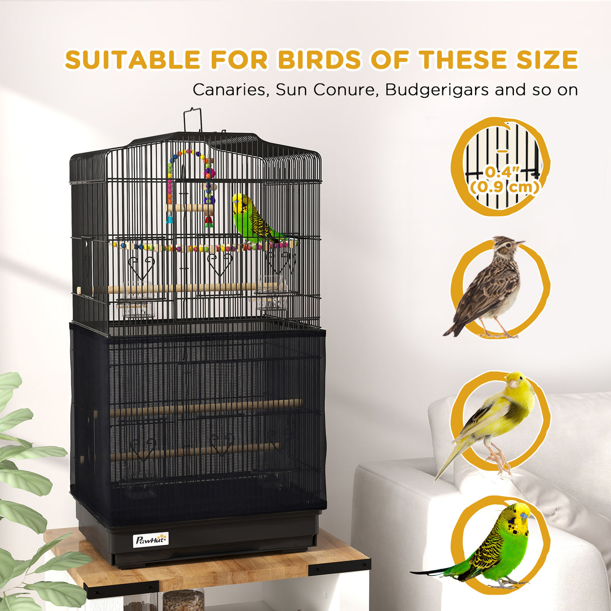 36" Bird Cage with Accessories, Mesh Cover and Tray - Black-Birds-DECOROLALA