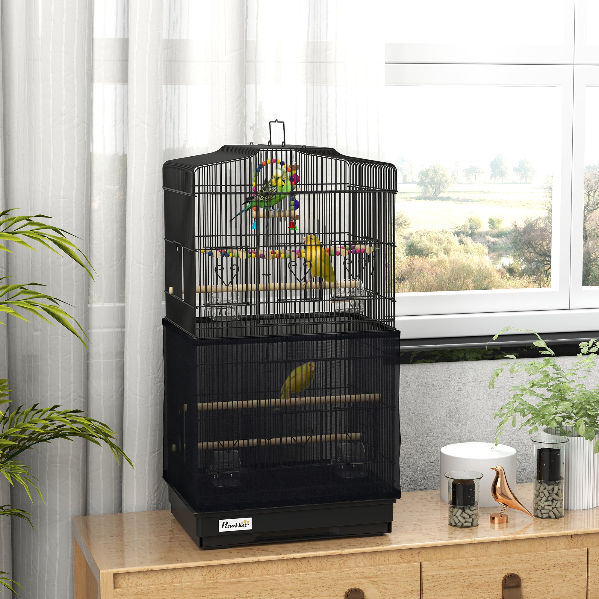 36" Bird Cage with Accessories, Mesh Cover and Tray - Black-Birds-DECOROLALA