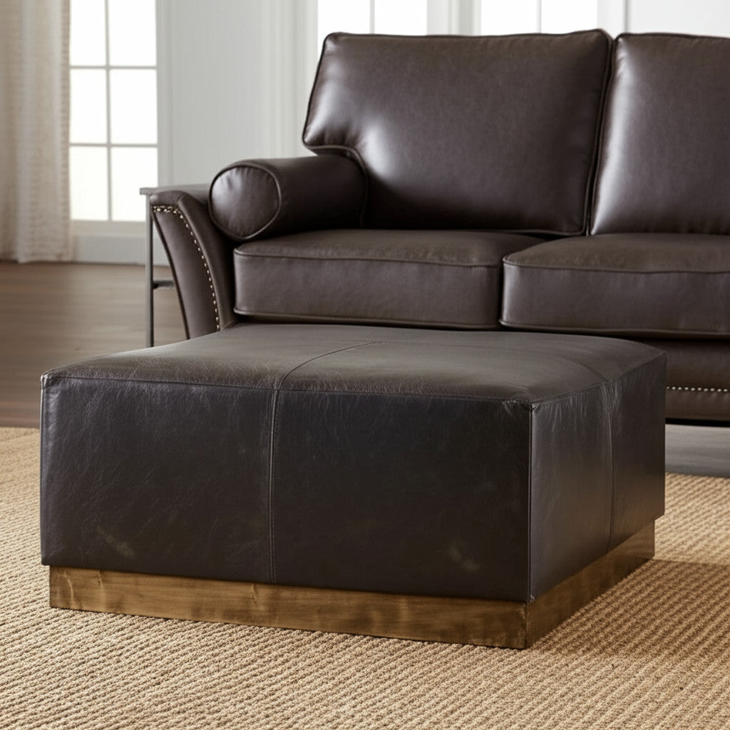 36" Black Faux Leather and Brown Footstool-Ottomans-DECOROLALA