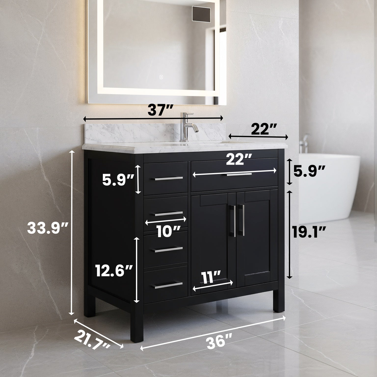 36" Black Freestanding Single Sink Bathroom Vanity with Carrera Marble Countertop-Migration_Bathroom Vanities-DECOROLALA