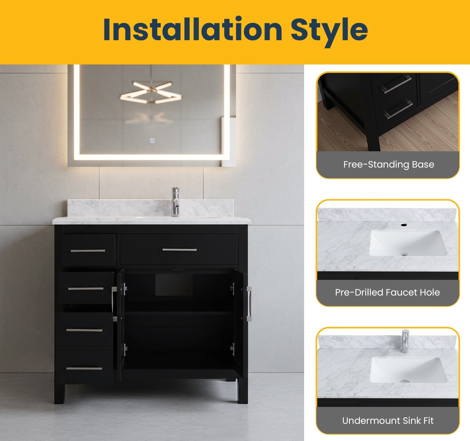 36" Black Freestanding Single Sink Bathroom Vanity with Carrera Marble Countertop-Migration_Bathroom Vanities-DECOROLALA