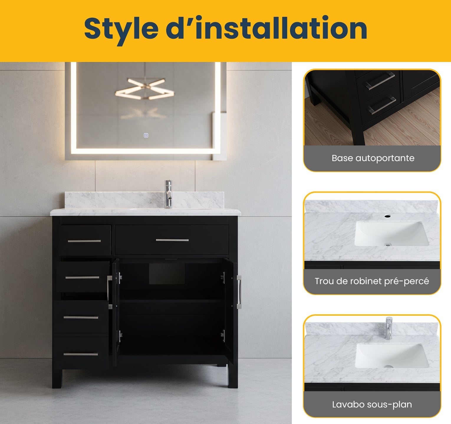 36" Black Freestanding Single Sink Bathroom Vanity with Carrera Marble Countertop-Migration_Bathroom Vanities-DECOROLALA