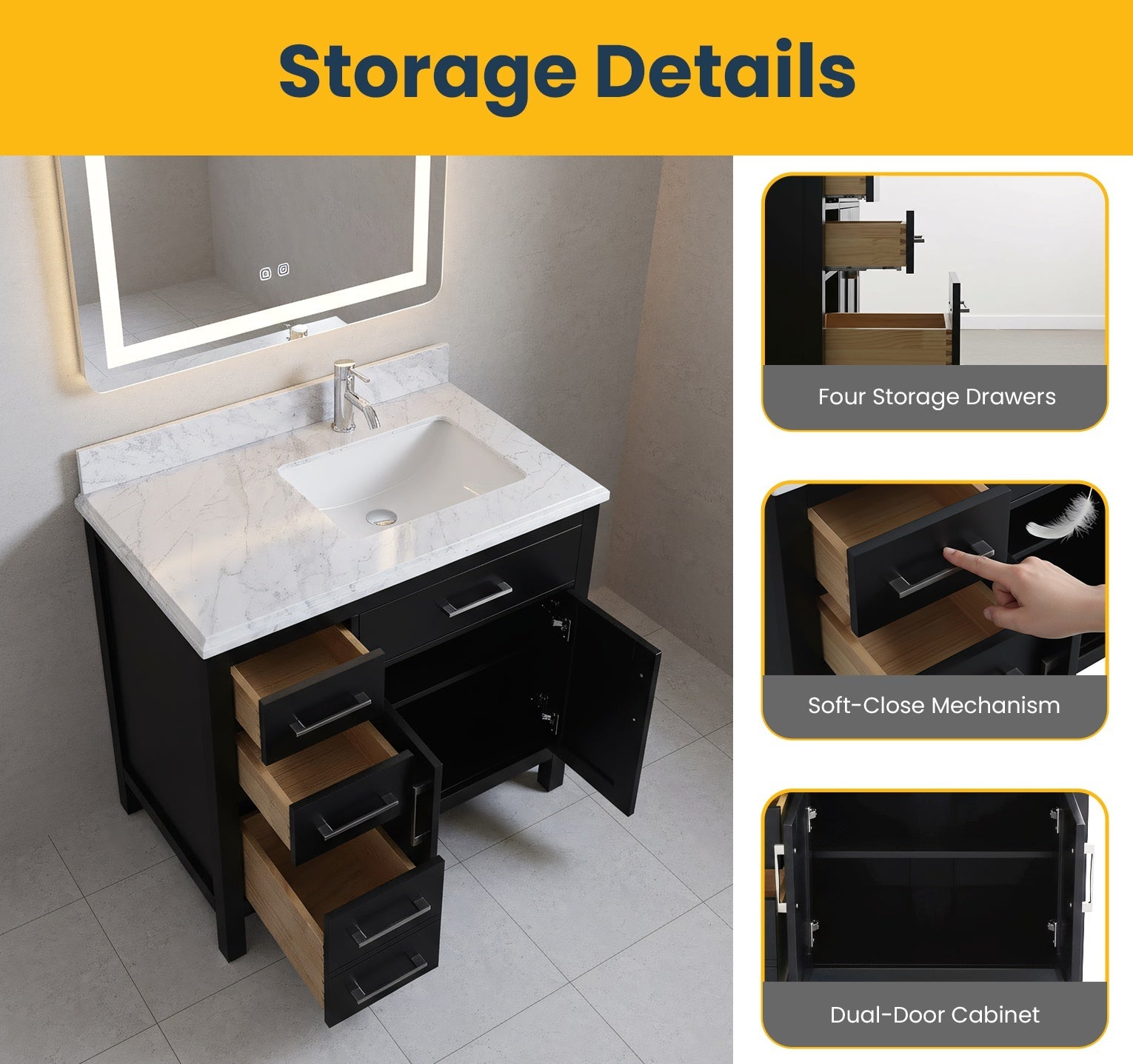 36" Black Freestanding Single Sink Bathroom Vanity with Carrera Marble Countertop-Migration_Bathroom Vanities-DECOROLALA