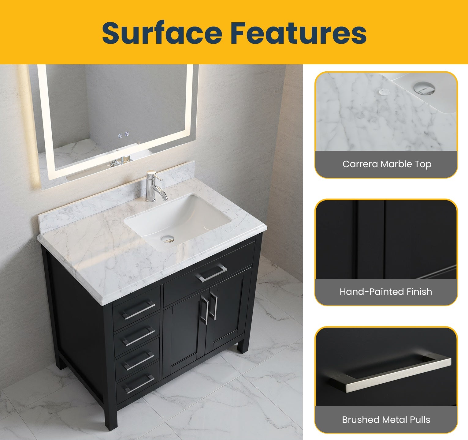 36" Black Freestanding Single Sink Bathroom Vanity with Carrera Marble Countertop-Migration_Bathroom Vanities-DECOROLALA