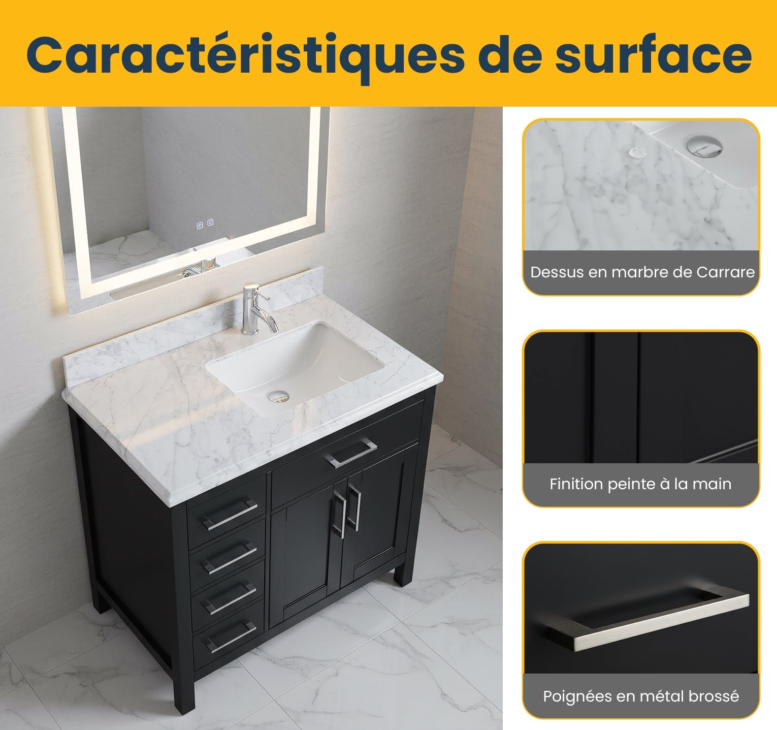 36" Black Freestanding Single Sink Bathroom Vanity with Carrera Marble Countertop-Migration_Bathroom Vanities-DECOROLALA