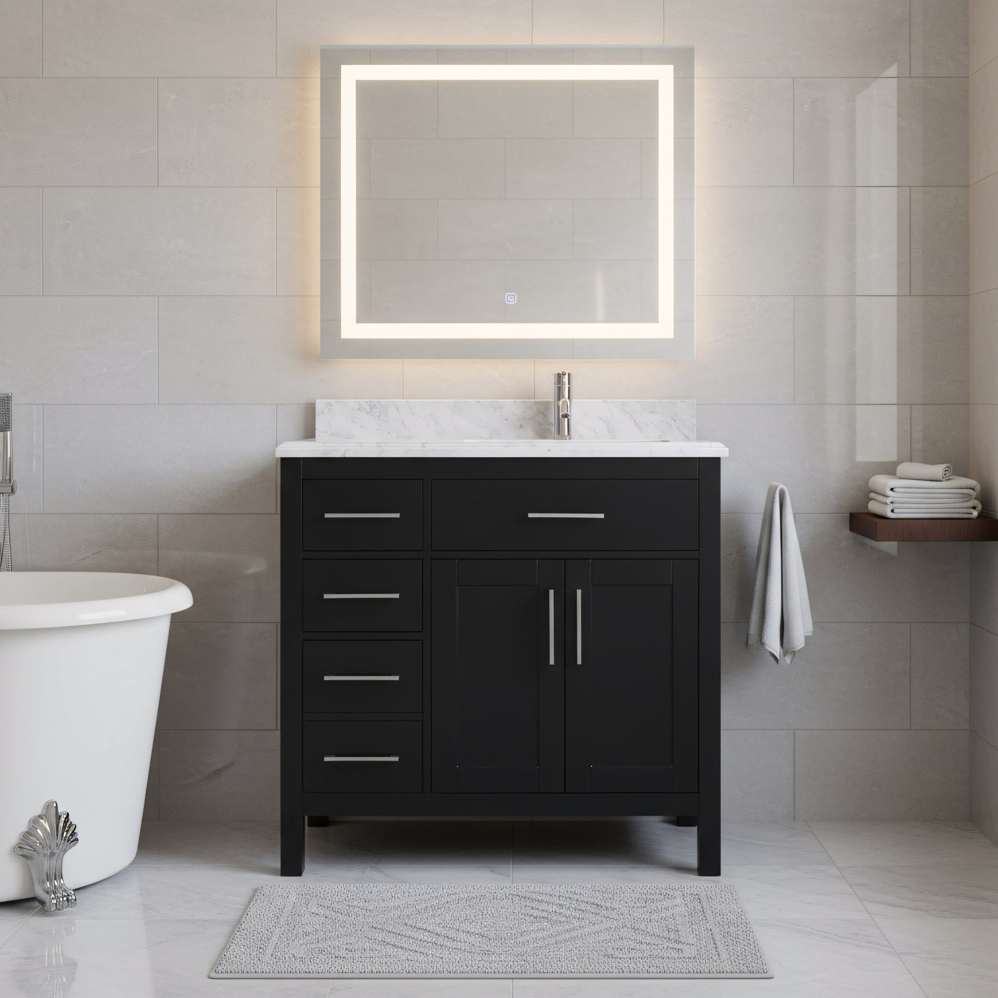 36" Black Freestanding Single Sink Bathroom Vanity with Carrera Marble Countertop-Migration_Bathroom Vanities-DECOROLALA