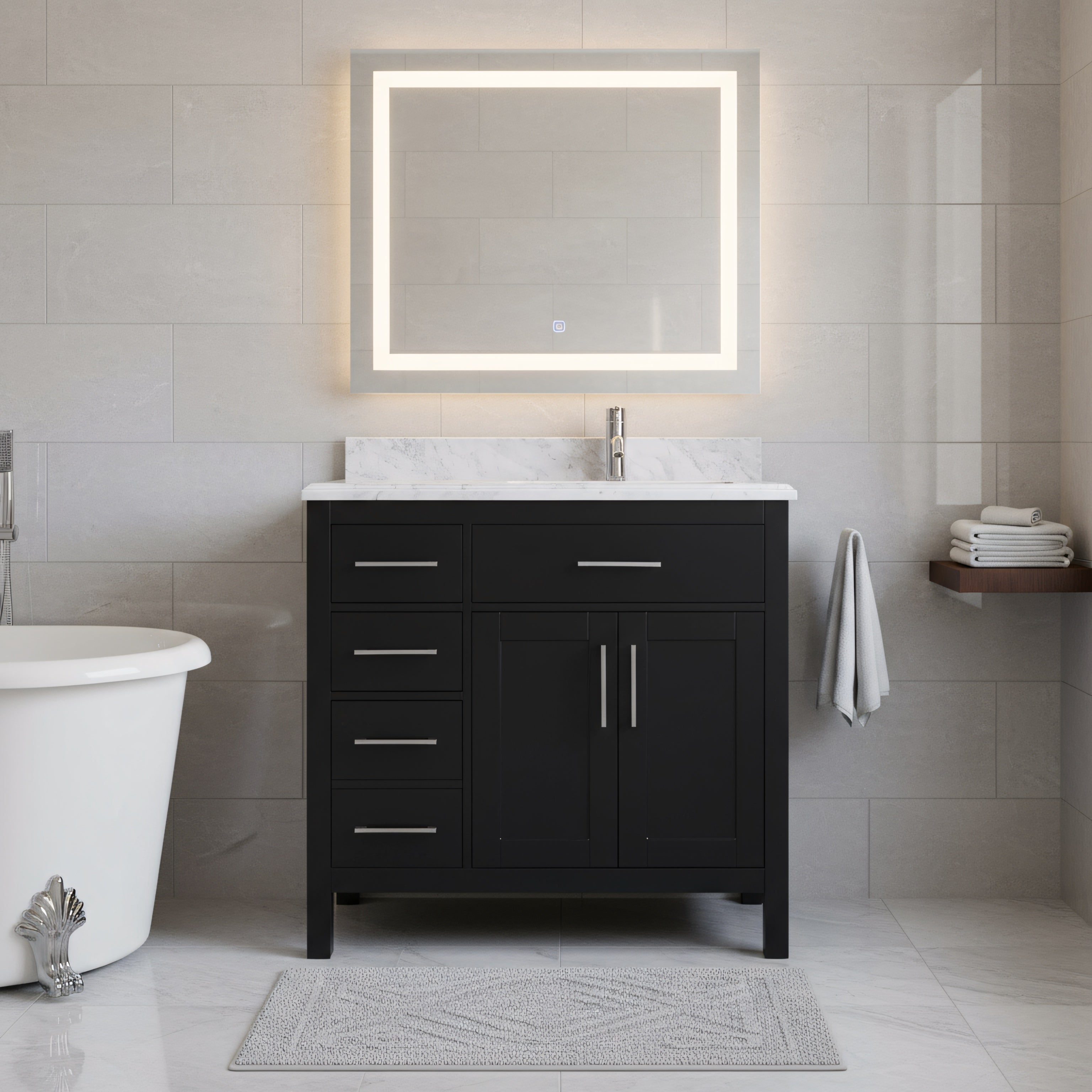 36" Black Freestanding Single Sink Bathroom Vanity with Carrera Marble Countertop-Migration_Bathroom Vanities-DECOROLALA