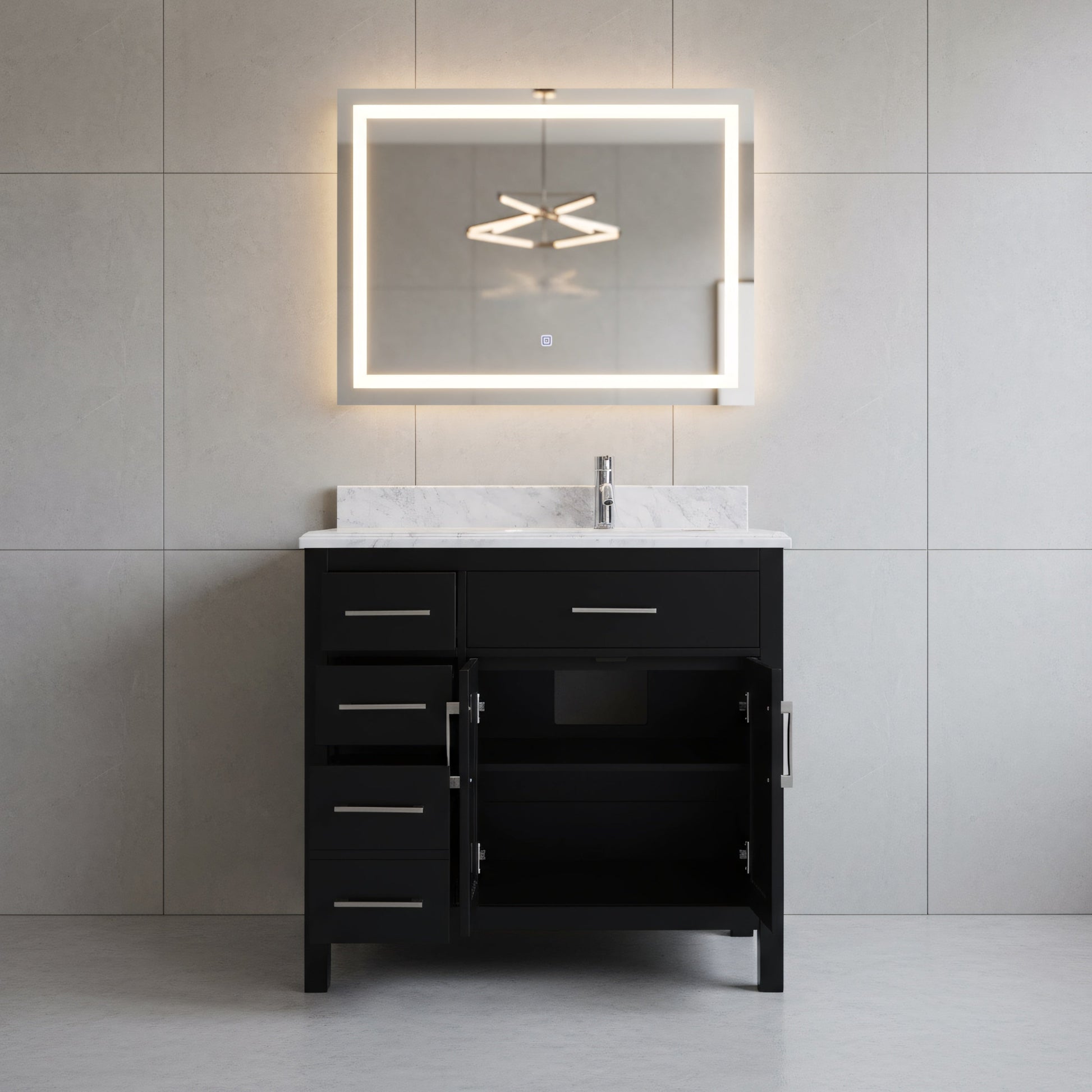 36" Black Freestanding Single Sink Bathroom Vanity with Carrera Marble Countertop-Migration_Bathroom Vanities-DECOROLALA