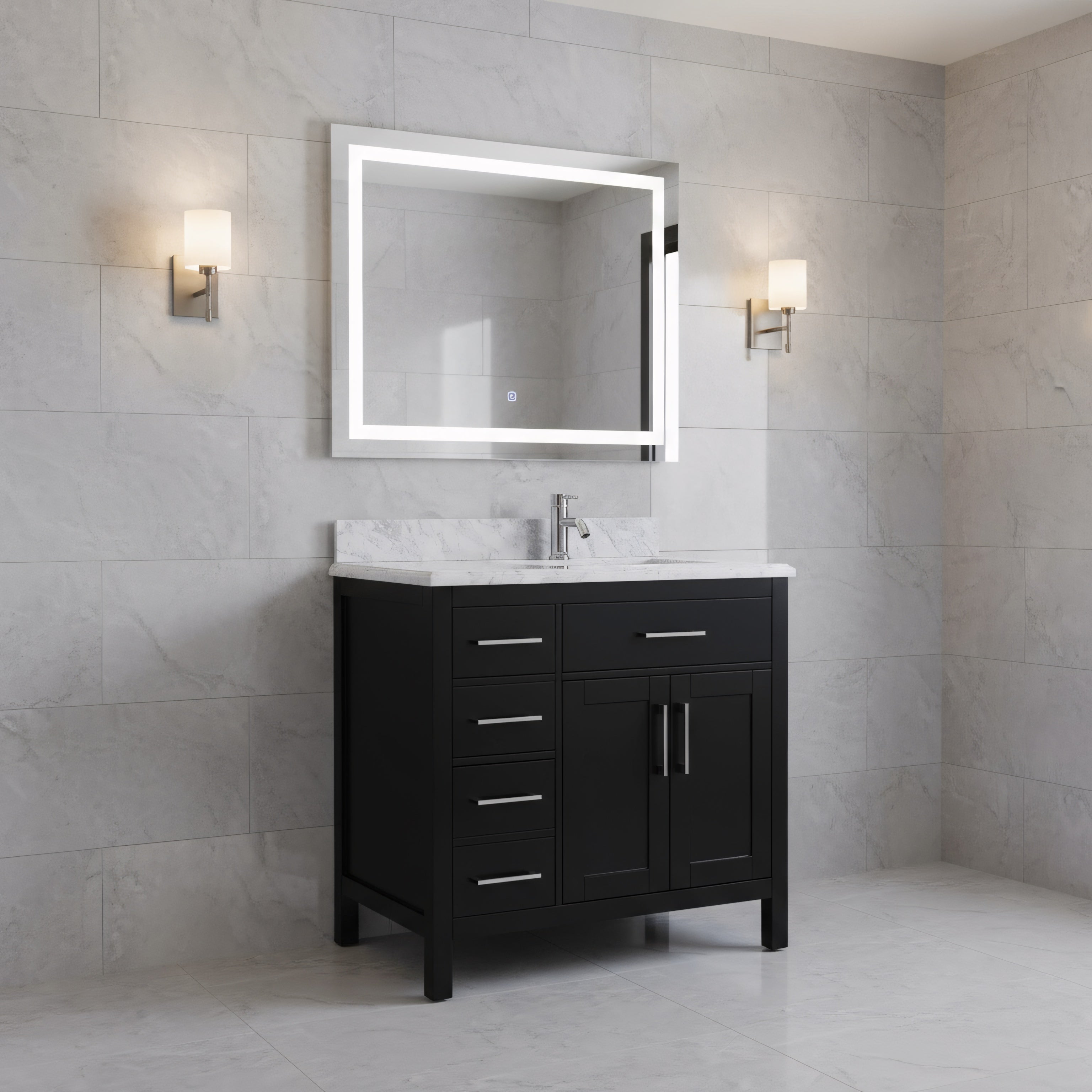 36" Black Freestanding Single Sink Bathroom Vanity with Carrera Marble Countertop-Migration_Bathroom Vanities-DECOROLALA