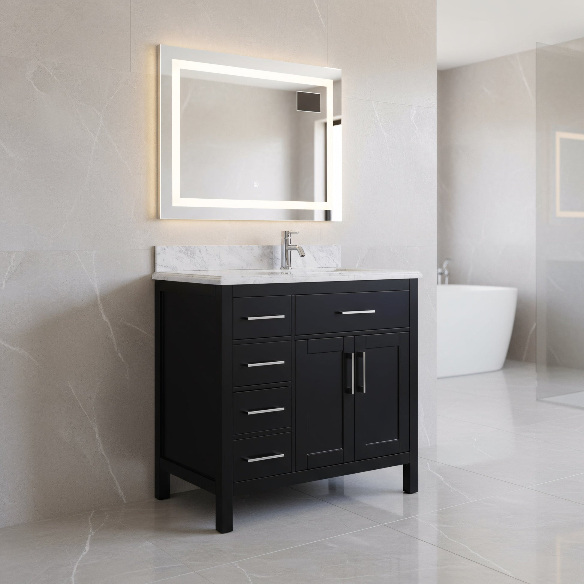 36" Black Freestanding Single Sink Bathroom Vanity with Carrera Marble Countertop-Migration_Bathroom Vanities-DECOROLALA