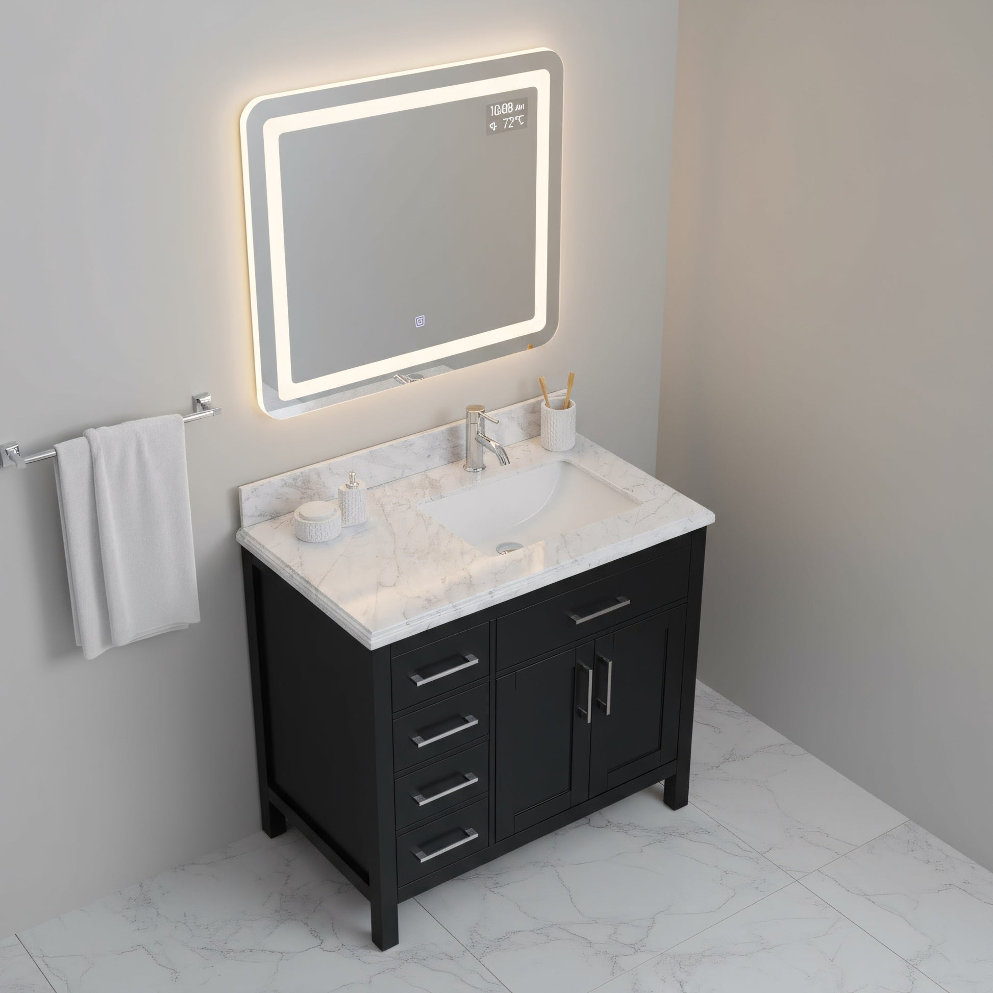 36" Black Freestanding Single Sink Bathroom Vanity with Carrera Marble Countertop-Migration_Bathroom Vanities-DECOROLALA