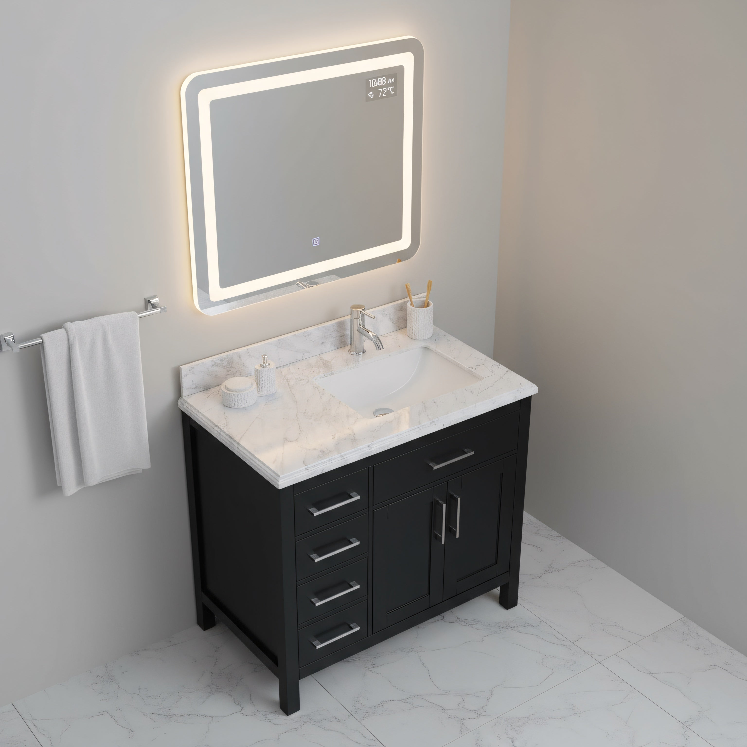 36" Black Freestanding Single Sink Bathroom Vanity with Carrera Marble Countertop-Migration_Bathroom Vanities-DECOROLALA