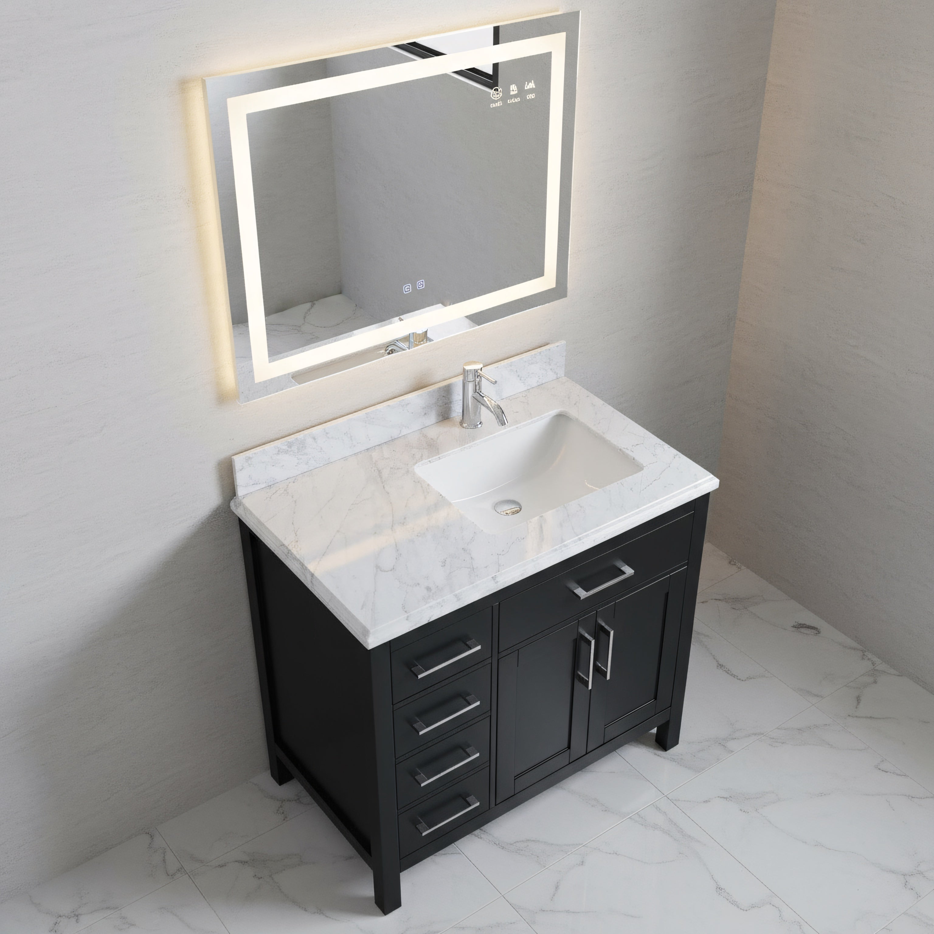 36" Black Freestanding Single Sink Bathroom Vanity with Carrera Marble Countertop-Migration_Bathroom Vanities-DECOROLALA