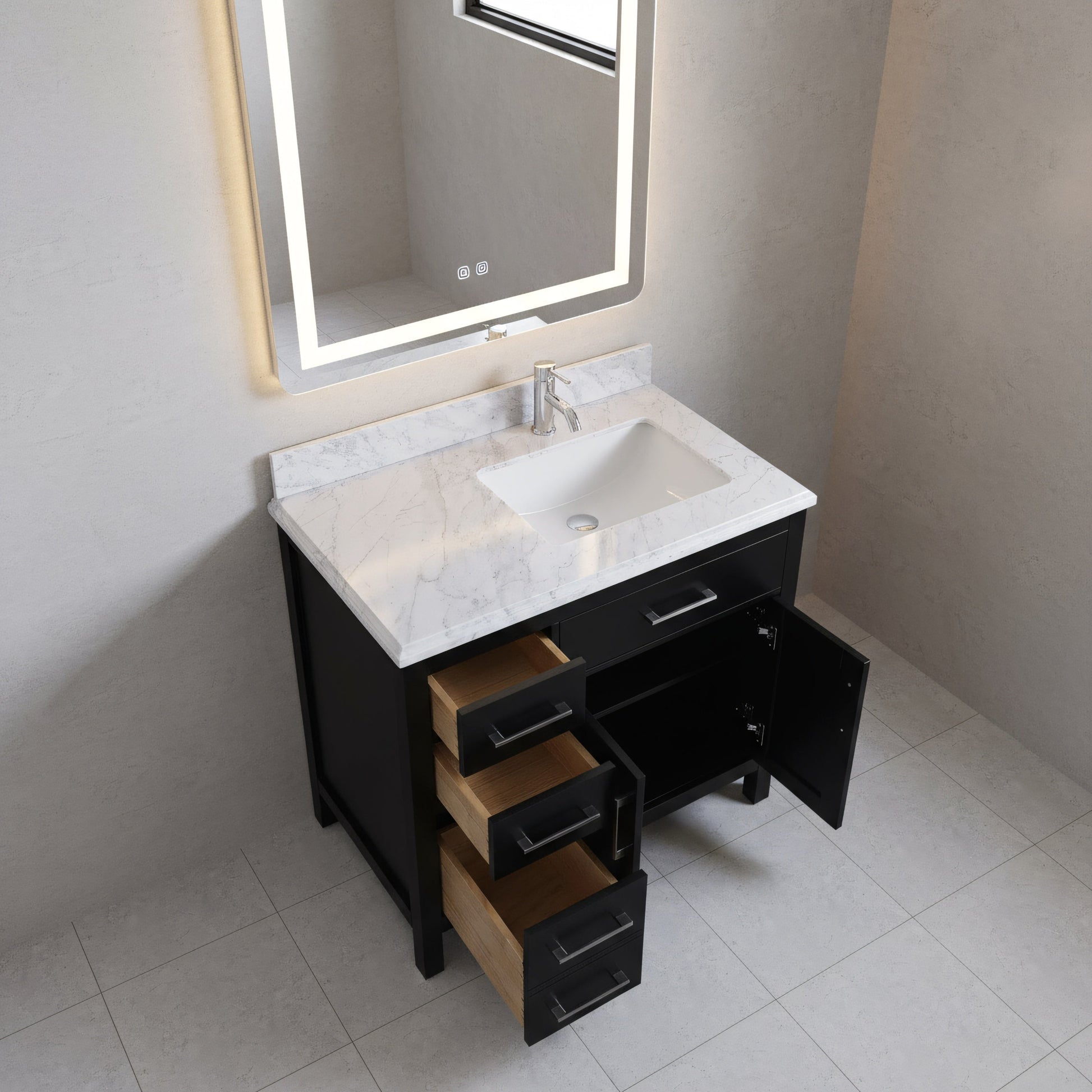 36" Black Freestanding Single Sink Bathroom Vanity with Carrera Marble Countertop-Migration_Bathroom Vanities-DECOROLALA
