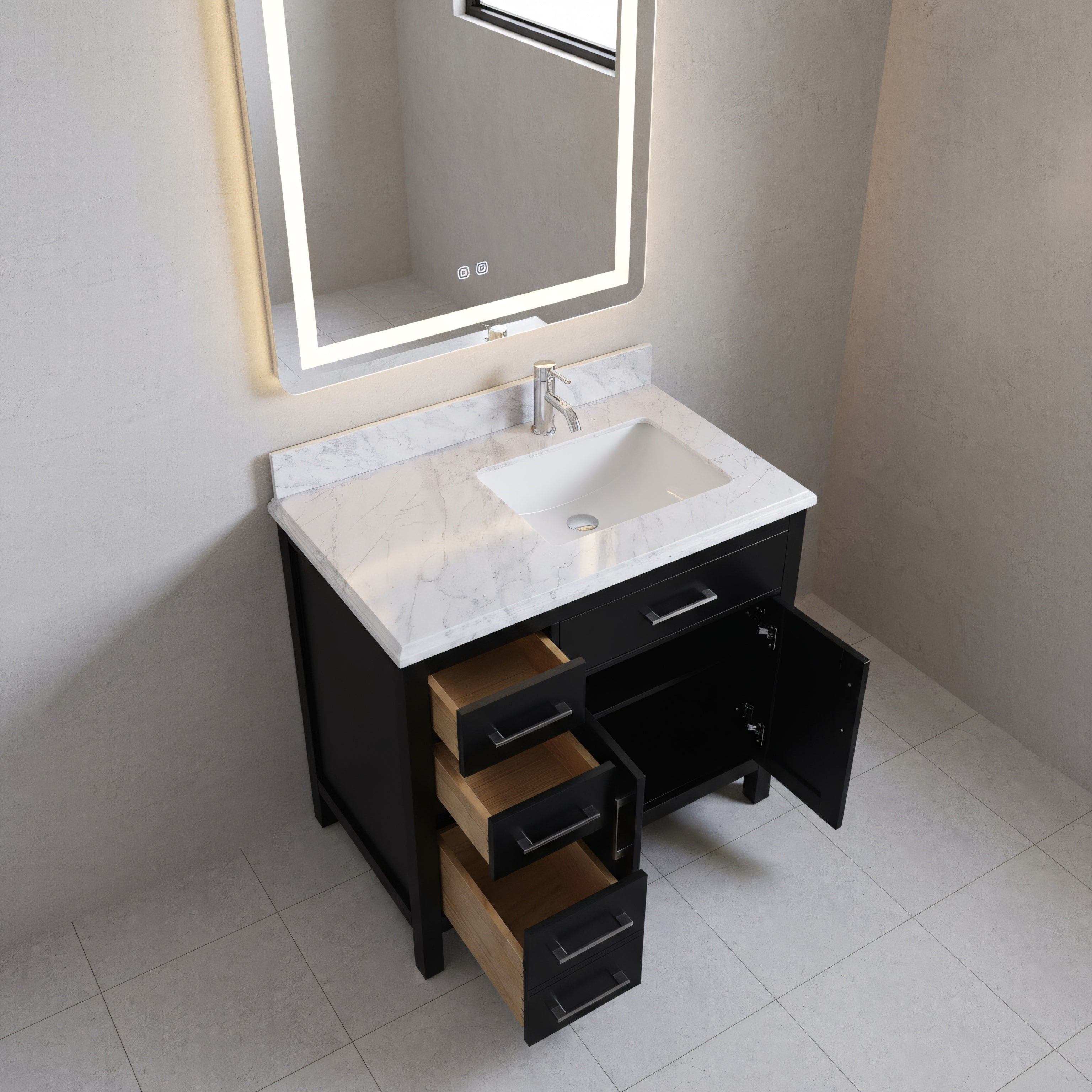 36" Black Freestanding Single Sink Bathroom Vanity with Carrera Marble Countertop-Migration_Bathroom Vanities-DECOROLALA