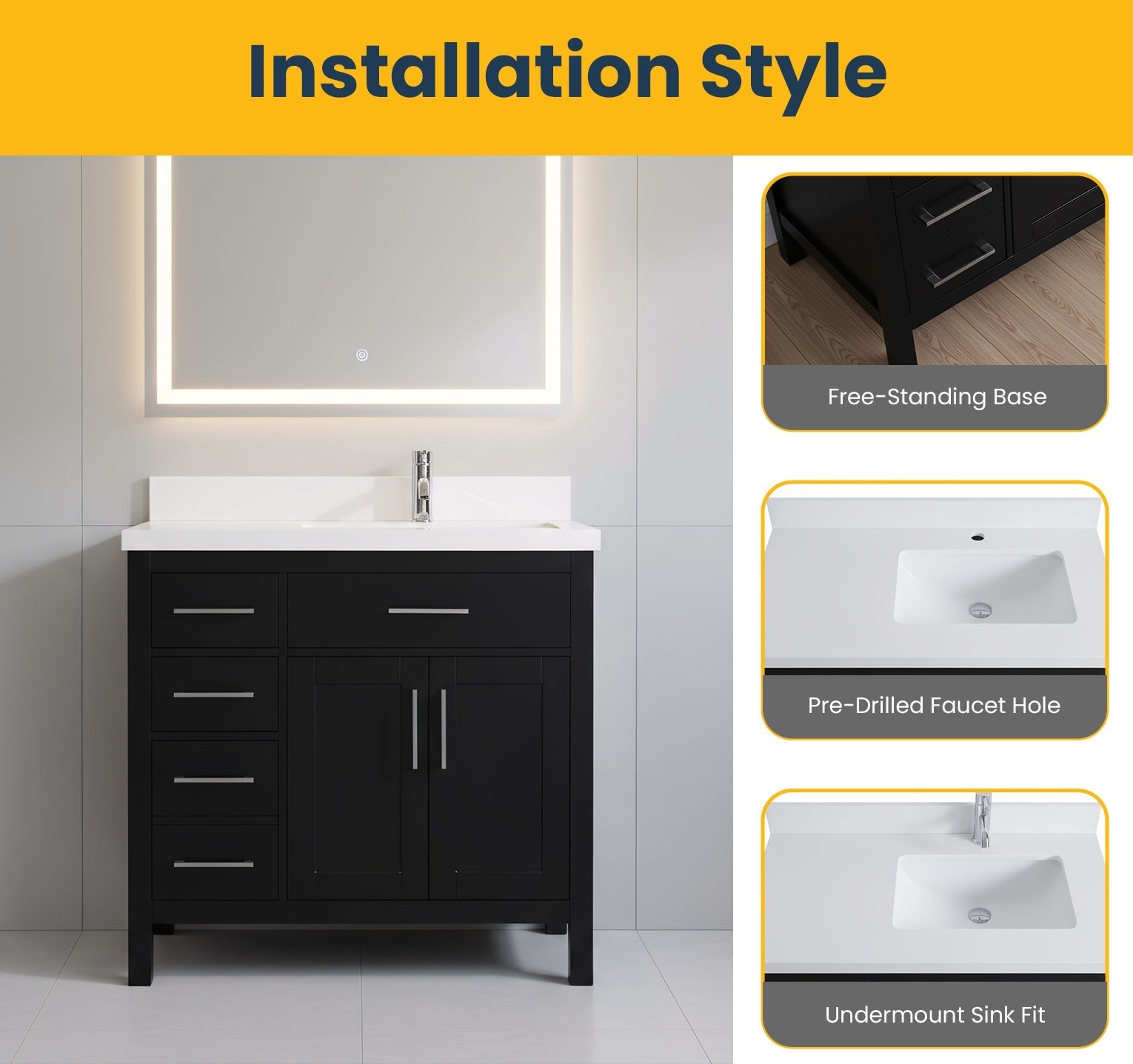 36" Black Freestanding Single Sink Bathroom Vanity with White Quartz Countertop-Migration_Bathroom Vanities-DECOROLALA