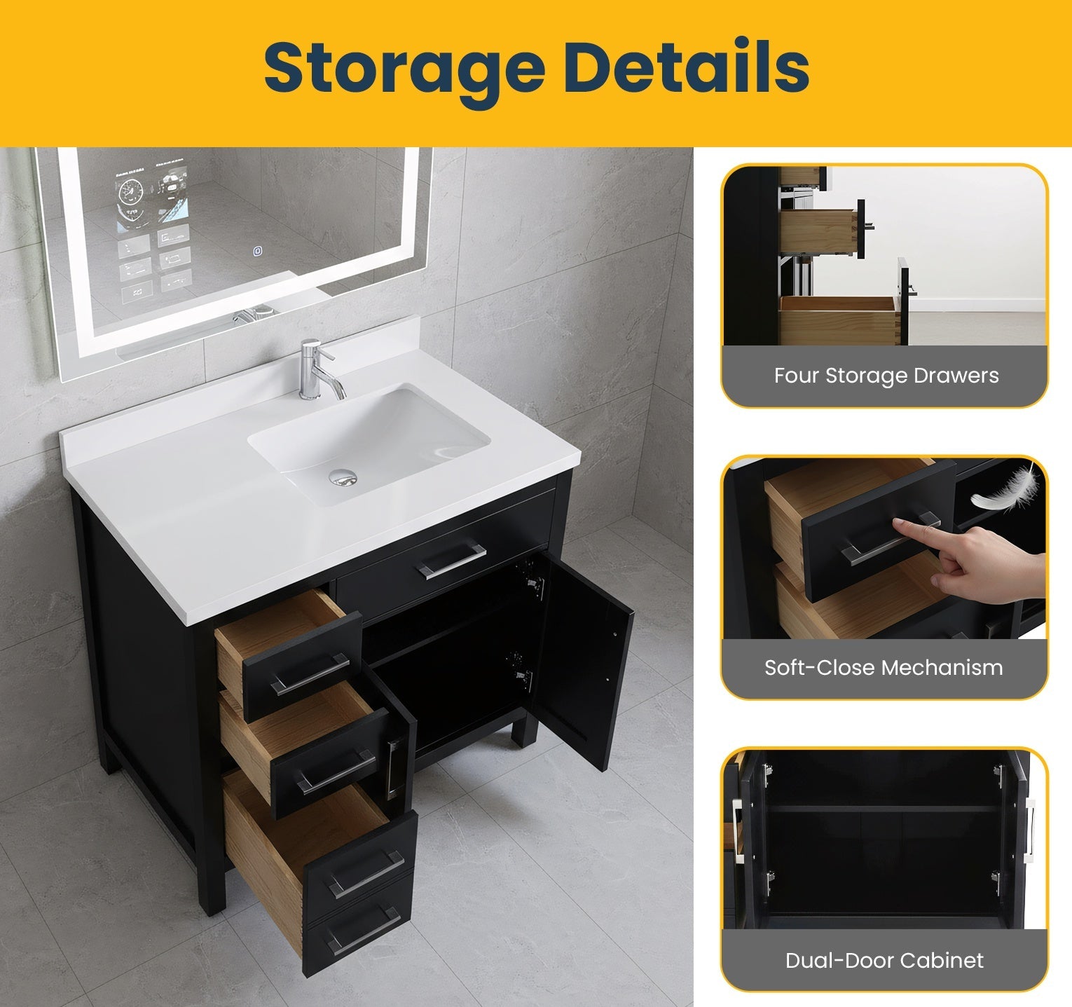 36" Black Freestanding Single Sink Bathroom Vanity with White Quartz Countertop-Migration_Bathroom Vanities-DECOROLALA