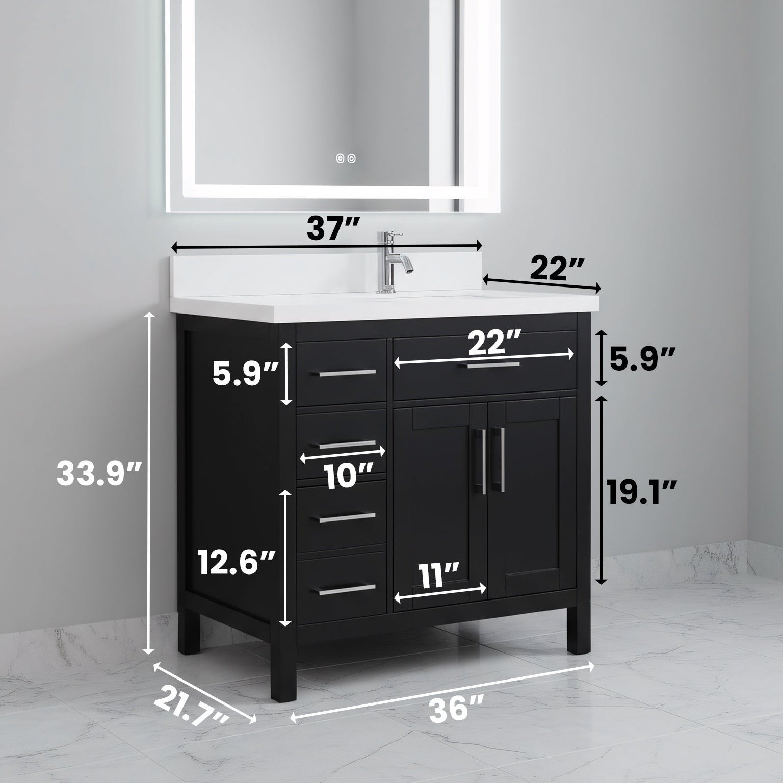 36" Black Freestanding Single Sink Bathroom Vanity with White Quartz Countertop-Migration_Bathroom Vanities-DECOROLALA