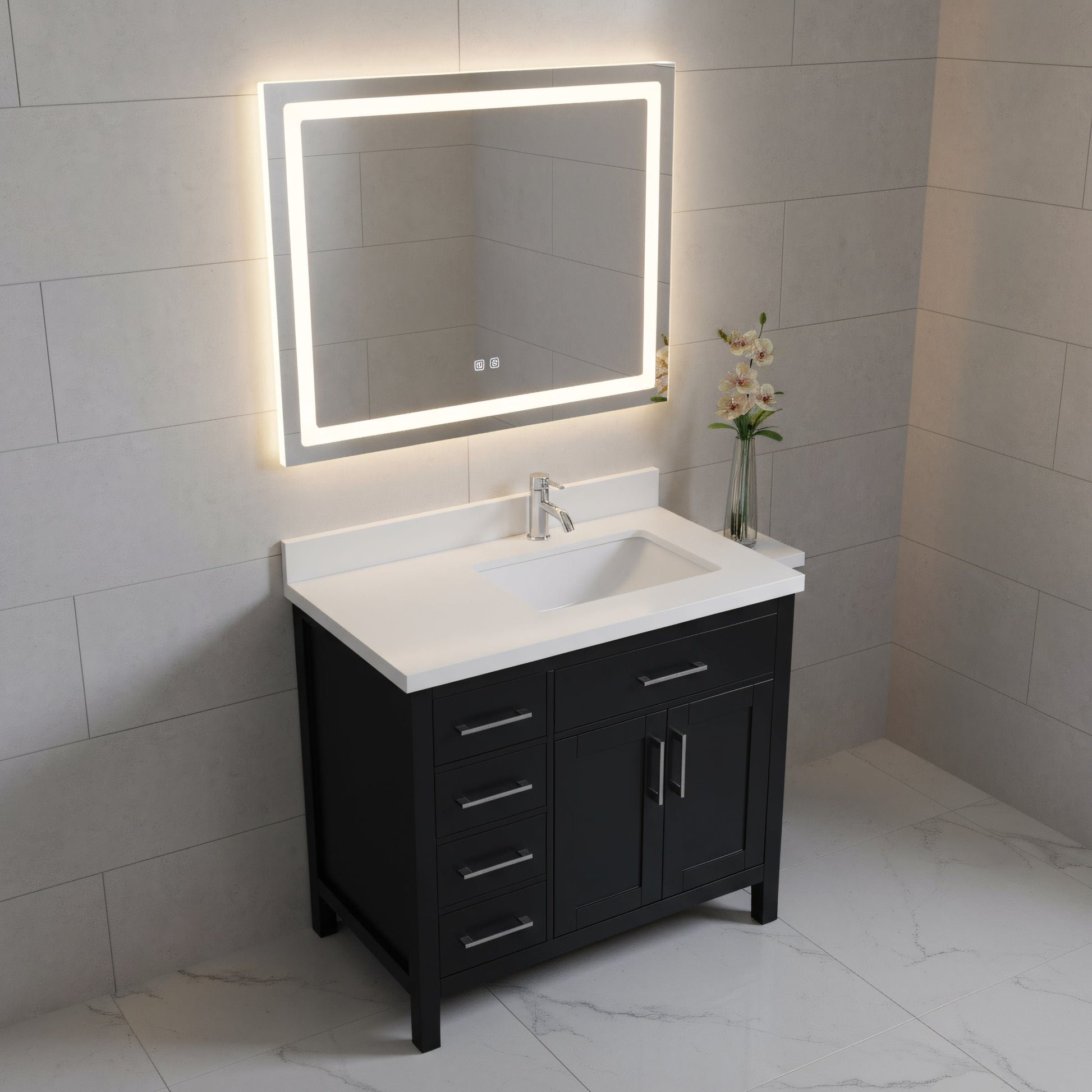 36" Black Freestanding Single Sink Bathroom Vanity with White Quartz Countertop-Migration_Bathroom Vanities-DECOROLALA