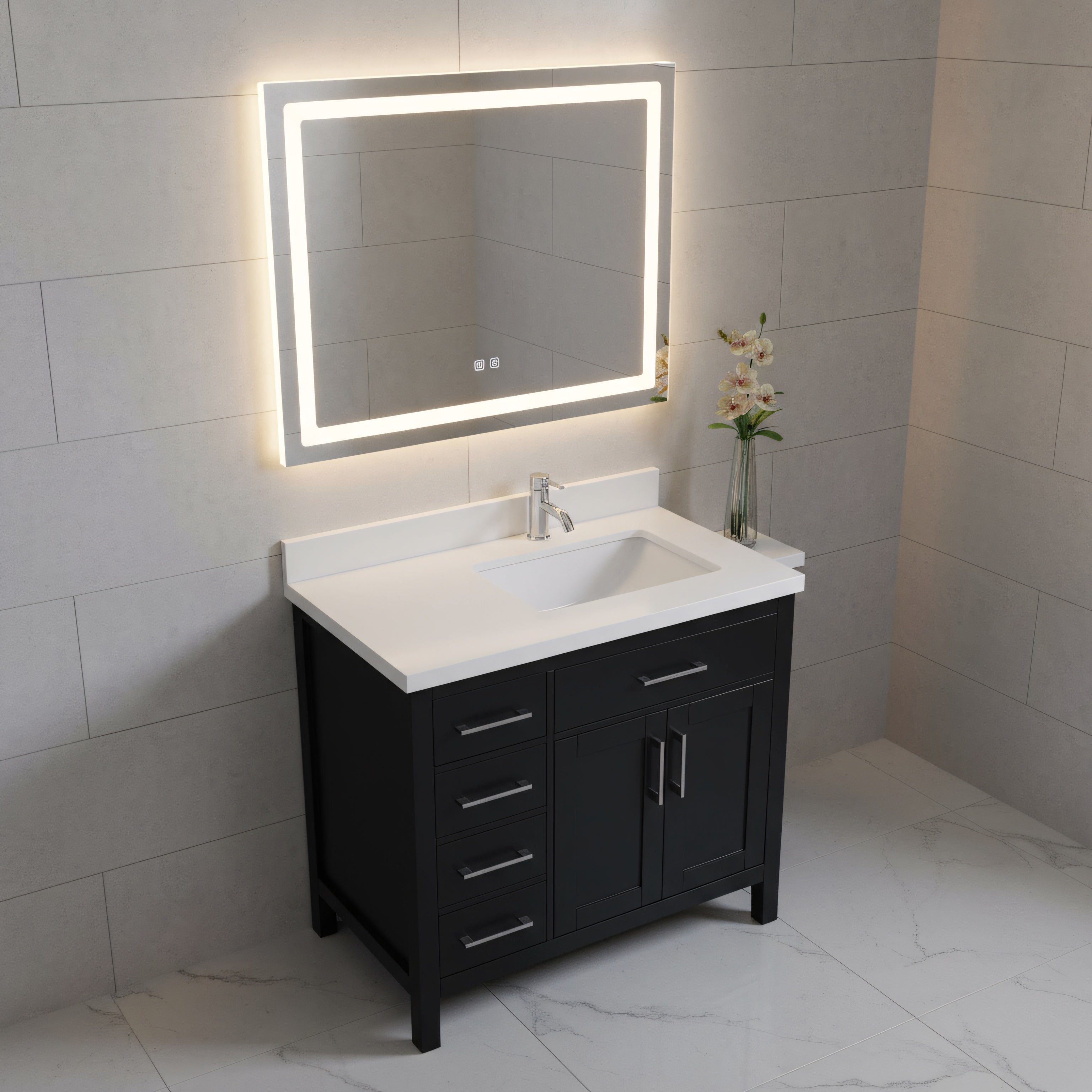 36" Black Freestanding Single Sink Bathroom Vanity with White Quartz Countertop-Migration_Bathroom Vanities-DECOROLALA