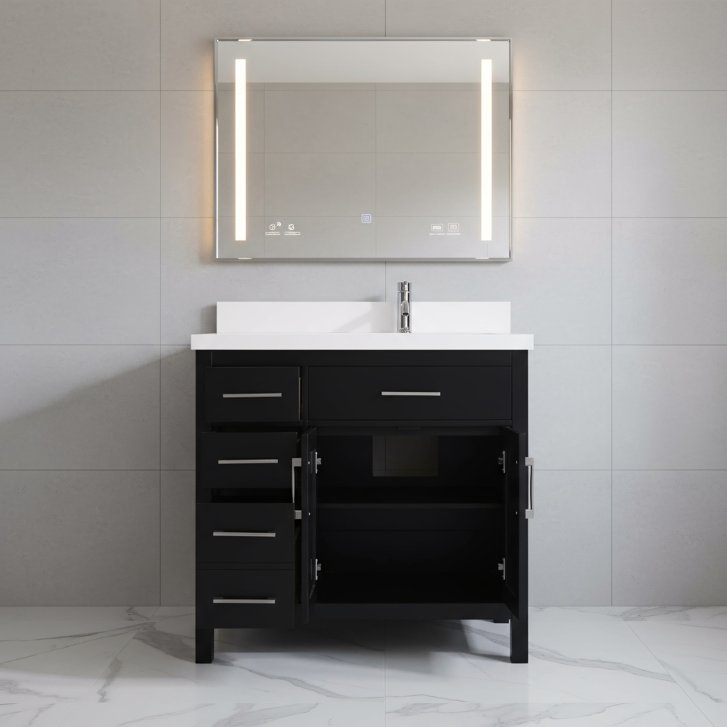 36" Black Freestanding Single Sink Bathroom Vanity with White Quartz Countertop-Migration_Bathroom Vanities-DECOROLALA