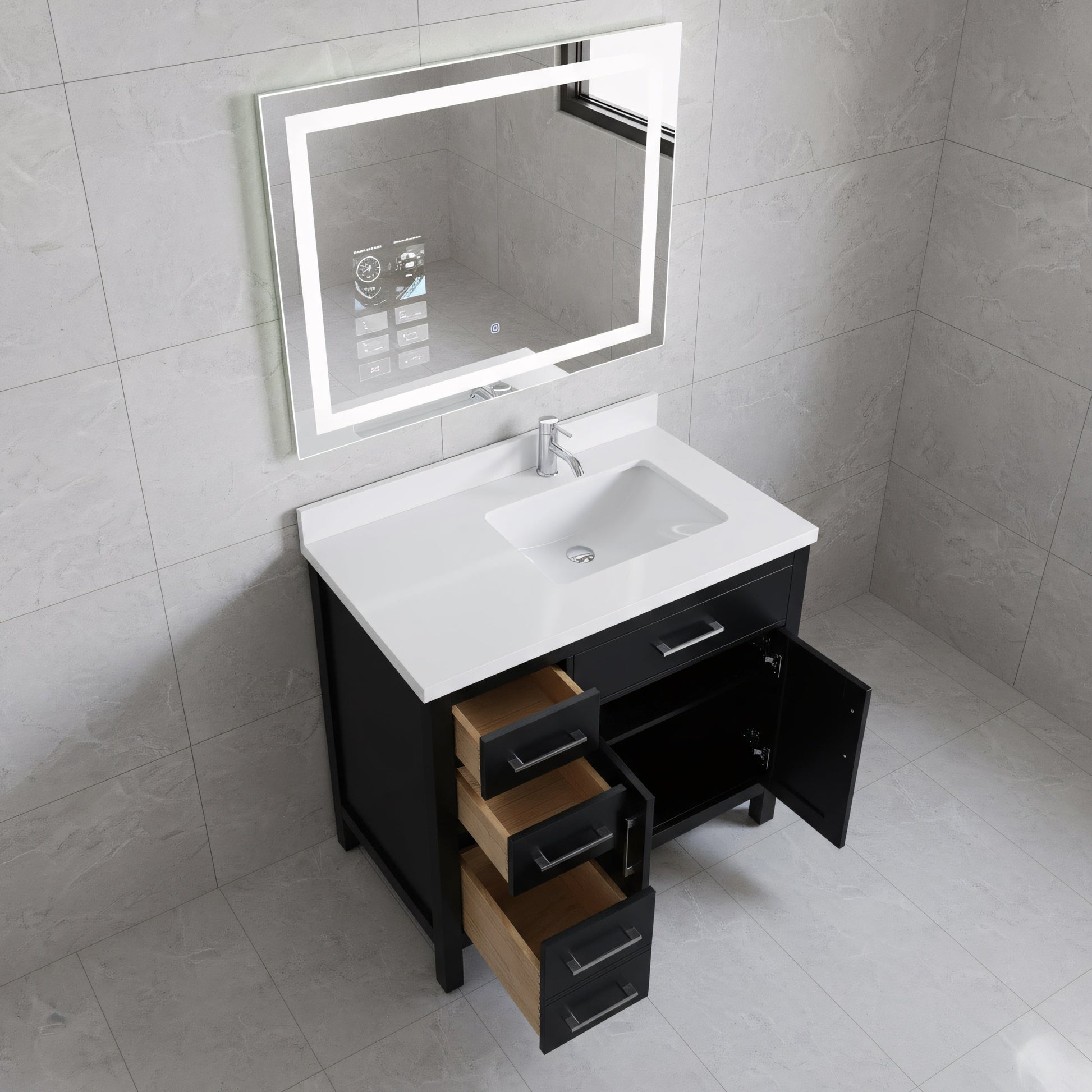 36" Black Freestanding Single Sink Bathroom Vanity with White Quartz Countertop-Migration_Bathroom Vanities-DECOROLALA
