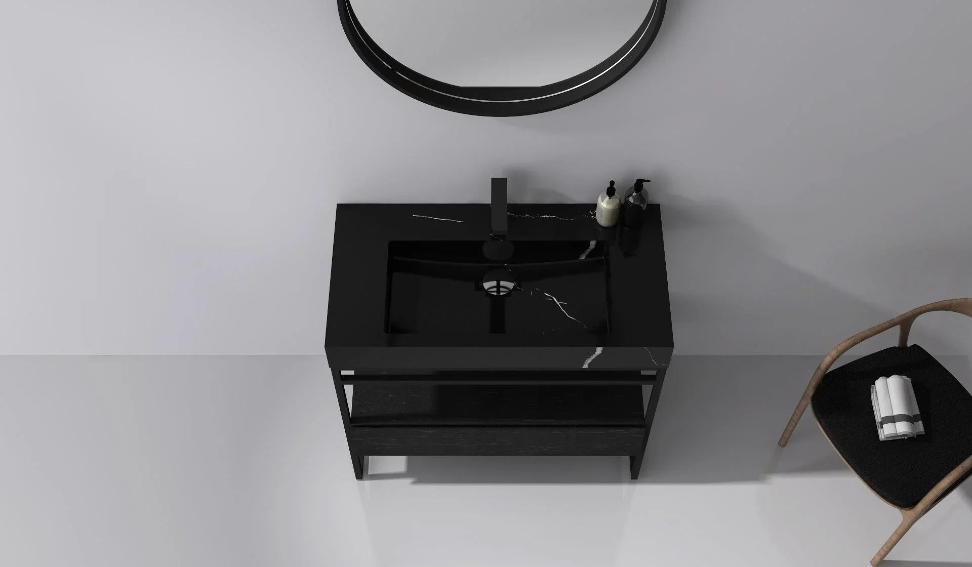 36" Black Oak Freestanding Bathroom Vanity with Black Marble Countertop-Migration_Bathroom Vanities-DECOROLALA