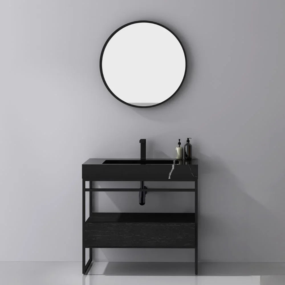 36" Black Oak Freestanding Bathroom Vanity with Black Marble Countertop-Migration_Bathroom Vanities-DECOROLALA